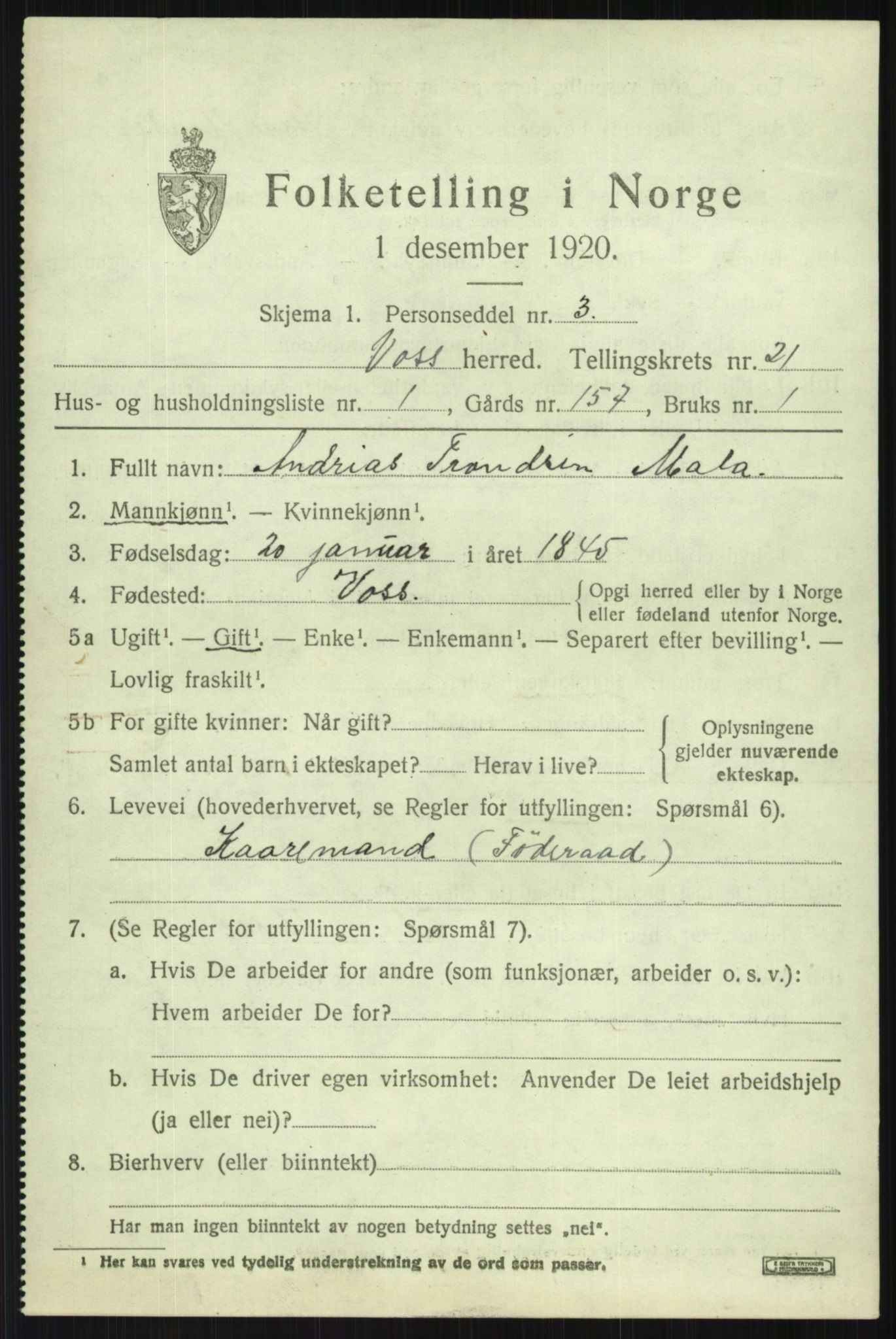 SAB, 1920 census for Voss, 1920, p. 14901