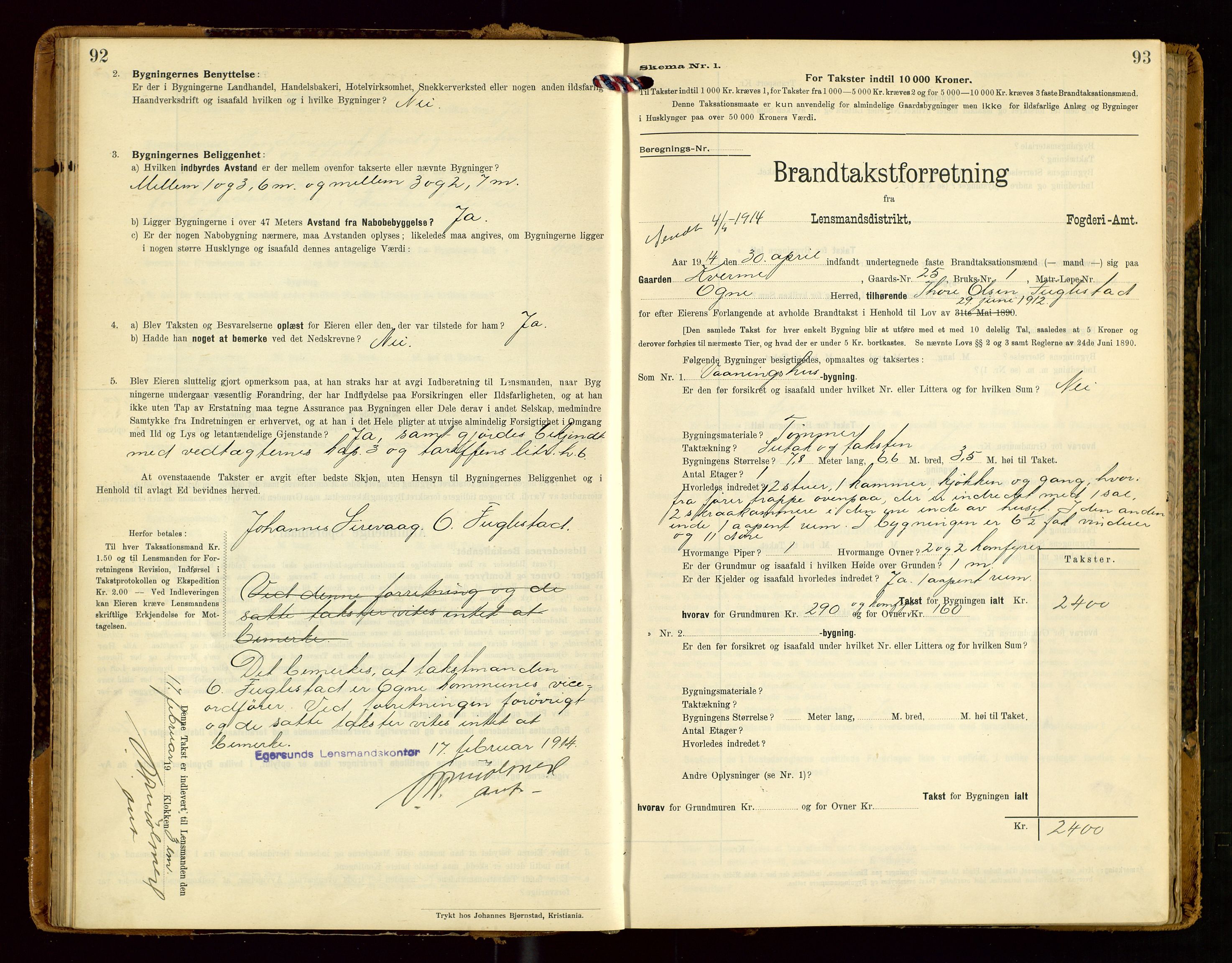 Eigersund lensmannskontor, SAST/A-100171/Gob/L0002: "Brandtakstprotokol", 1910-1916, p. 92-93