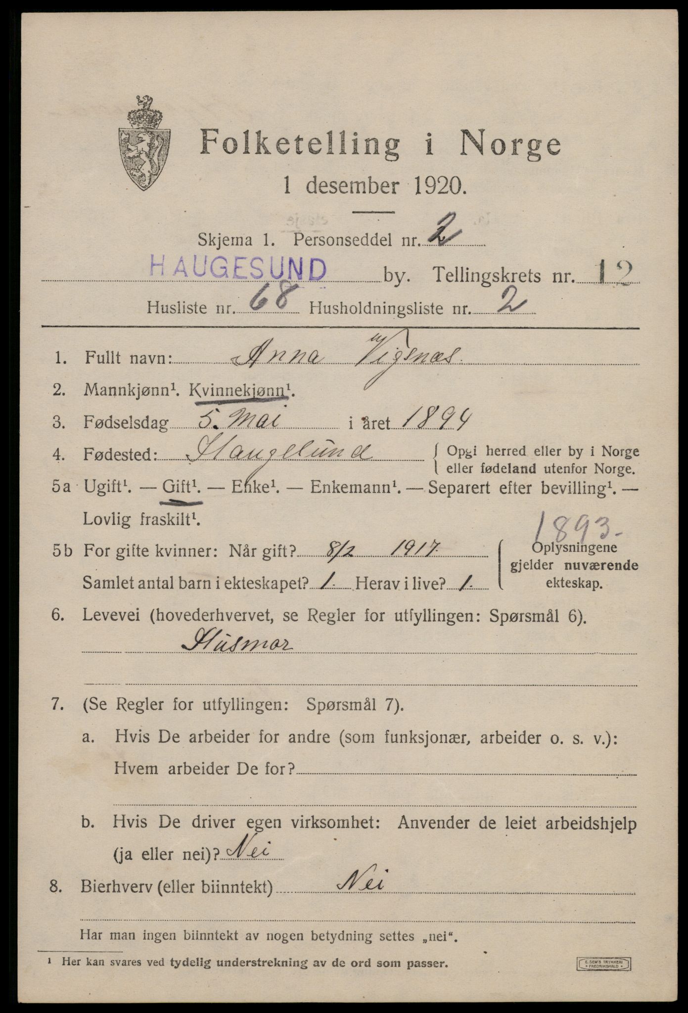 SAST, 1920 census for Haugesund, 1920, p. 39277