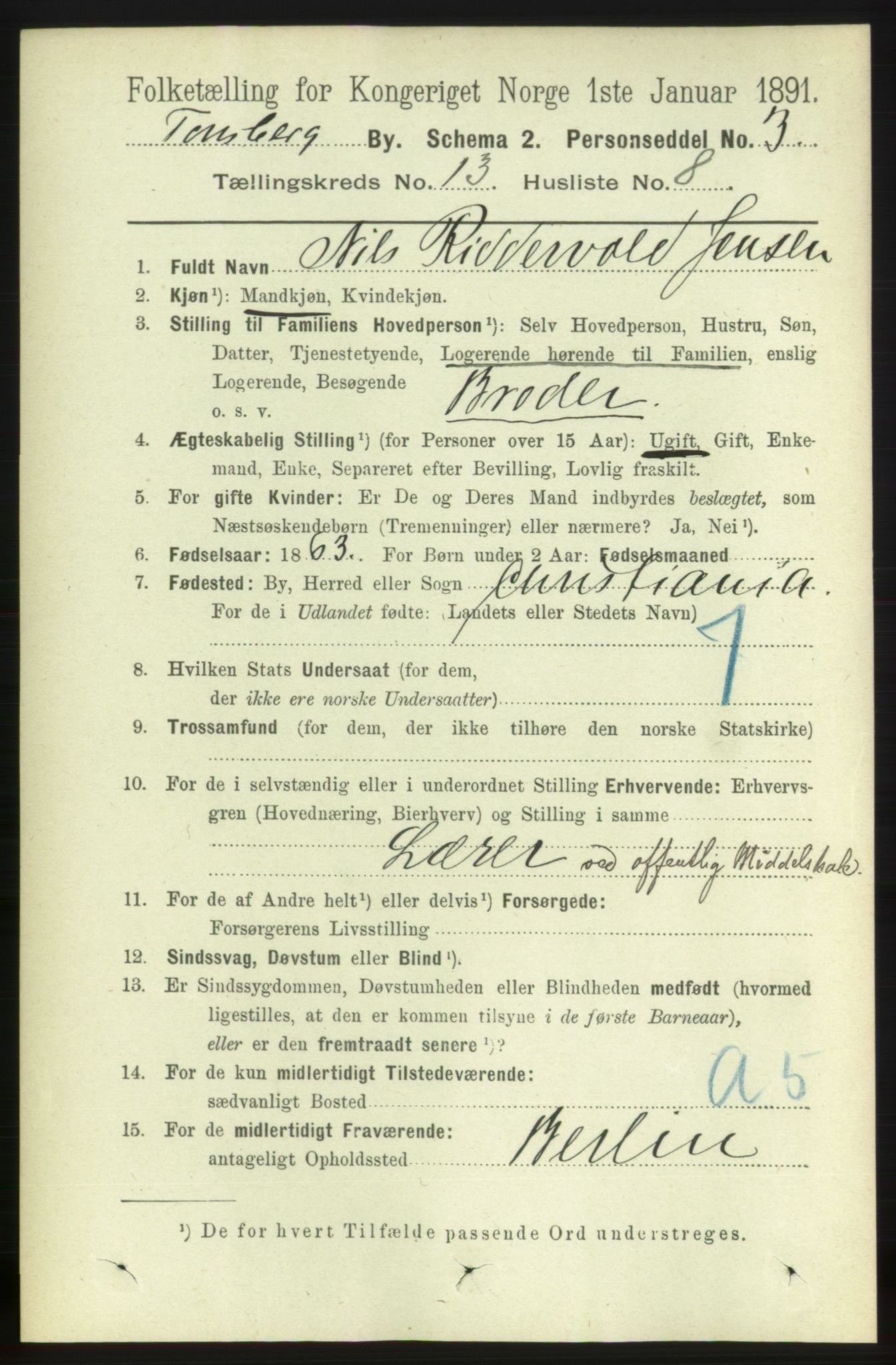 RA, 1891 census for 0705 Tønsberg, 1891, p. 4414