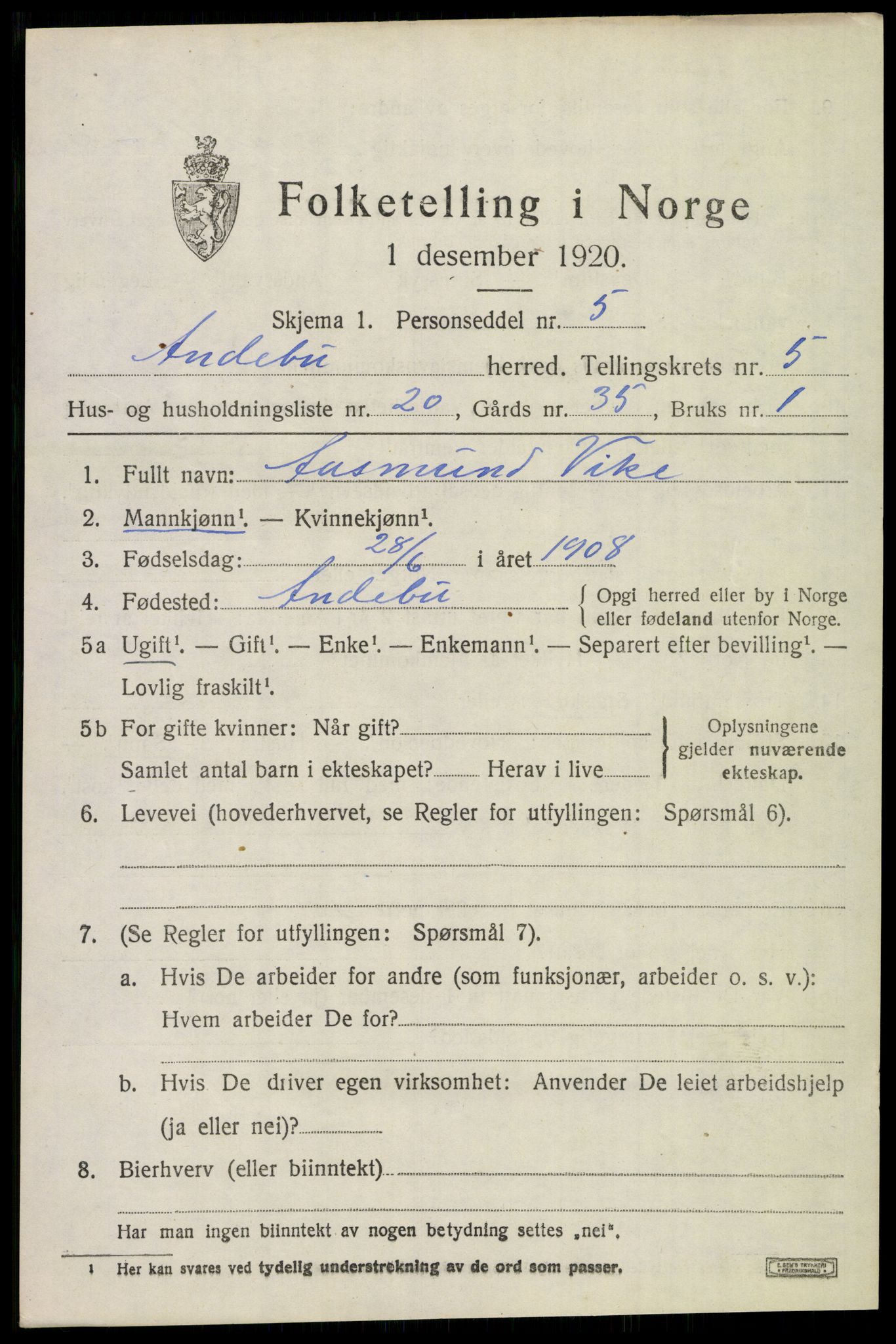 SAKO, 1920 census for Andebu, 1920, p. 2838