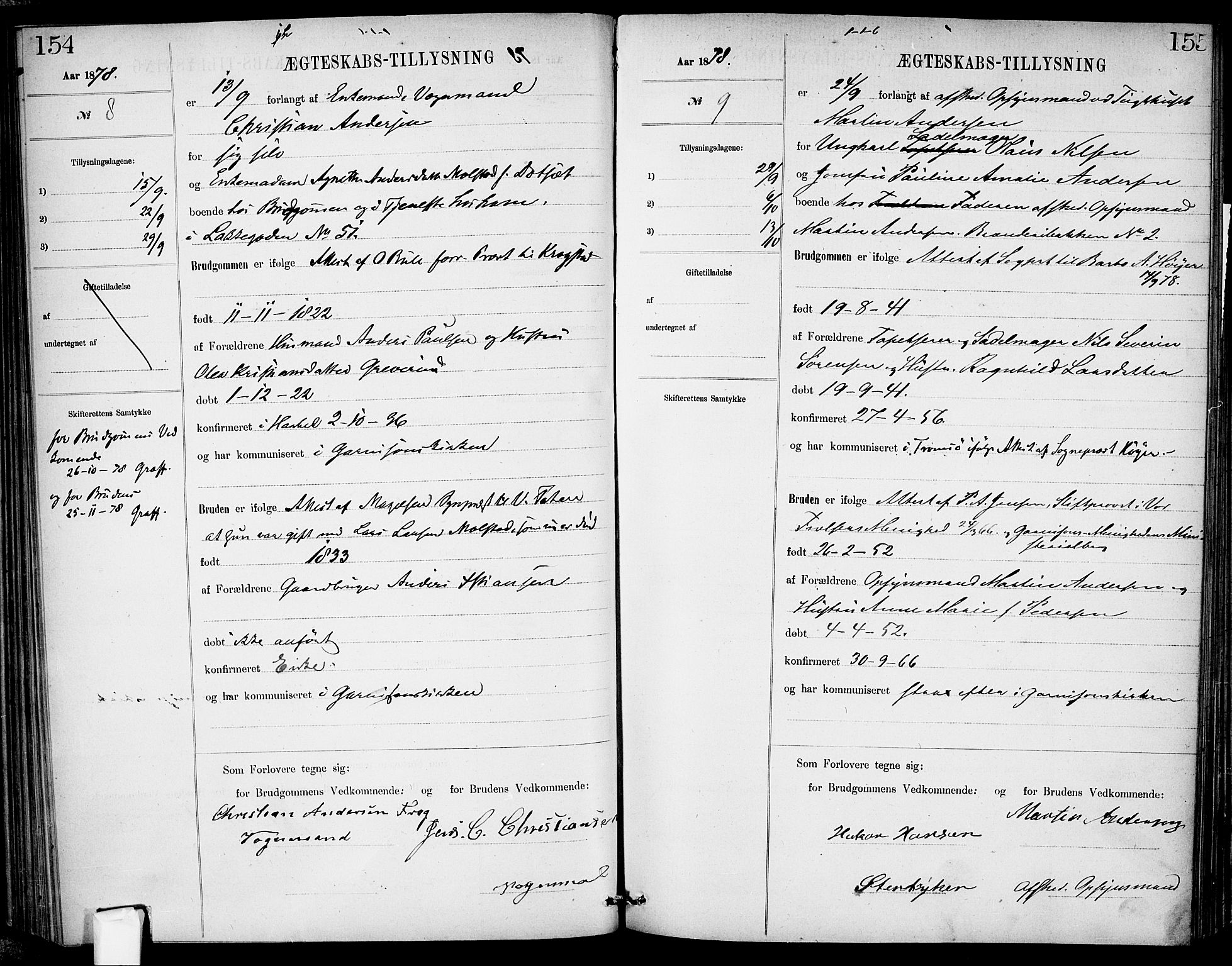 Garnisonsmenigheten Kirkebøker, AV/SAO-A-10846/H/Ha/L0007: Banns register no. I 7, 1872-1893, p. 154-155