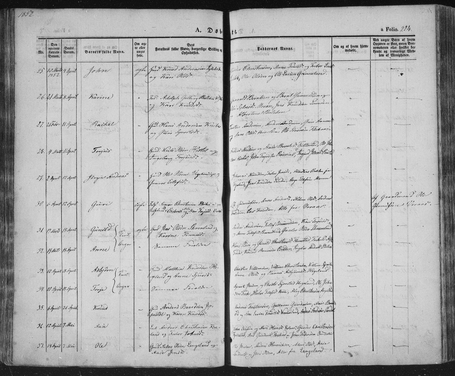 Vennesla sokneprestkontor, SAK/1111-0045/Fa/Fac/L0004: Parish register (official) no. A 4, 1834-1855, p. 224