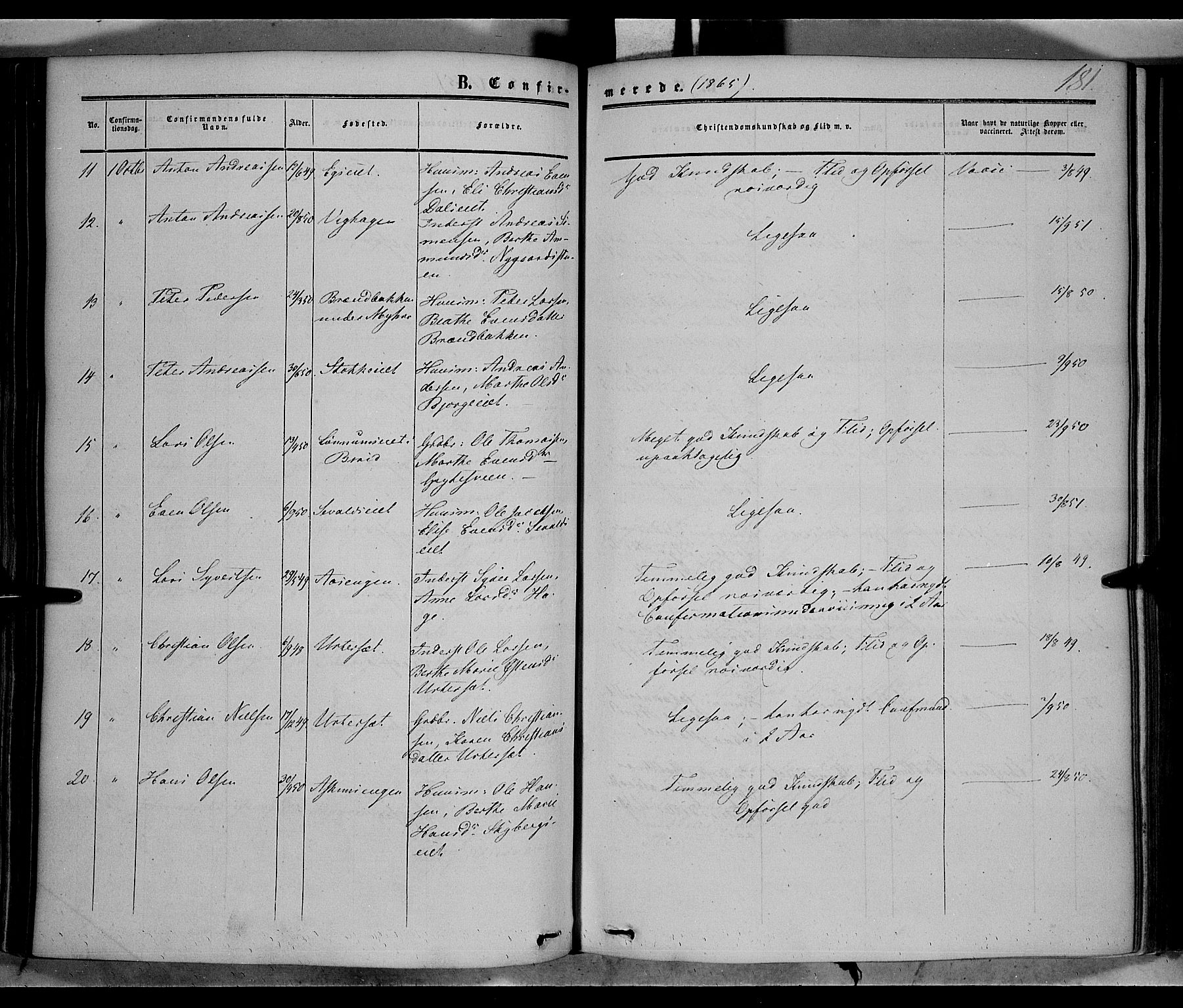 Vardal prestekontor, SAH/PREST-100/H/Ha/Haa/L0006: Parish register (official) no. 6, 1854-1866, p. 181