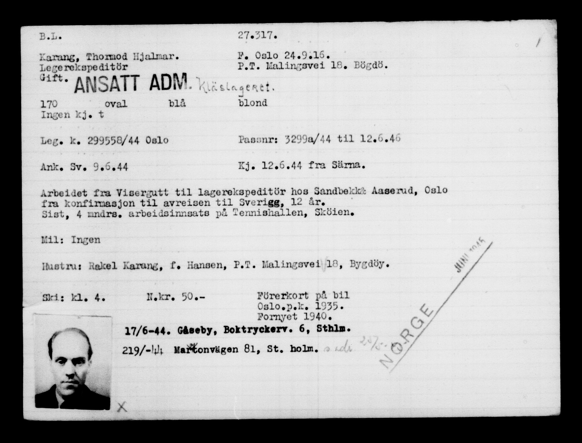 Utenriksstasjonene, Legasjonen i Stockholm, Flyktningkontoret, AV/RA-S-6753/V/Va/L0011: Kjesäterkartoteket, flyktninger med registreringsnr. 25300-28349, 1940-1945, p. 2130