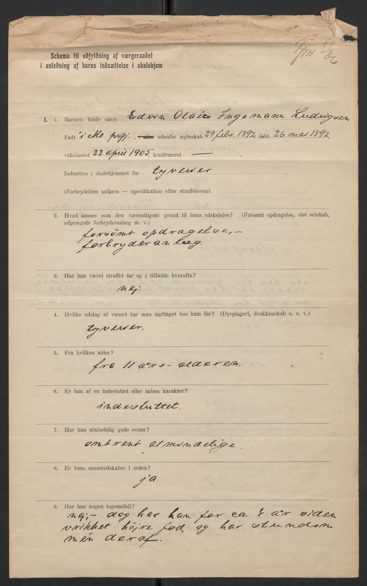 Falstad skolehjem, AV/RA-S-1676/E/Eb/L0007: Elevmapper løpenr. 146-168, 1905-1911, p. 46