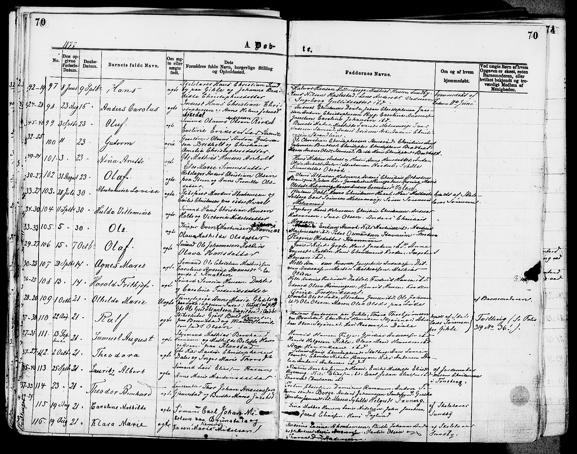 Stokke kirkebøker, AV/SAKO-A-320/F/Fa/L0009: Parish register (official) no. I 9, 1872-1883, p. 70