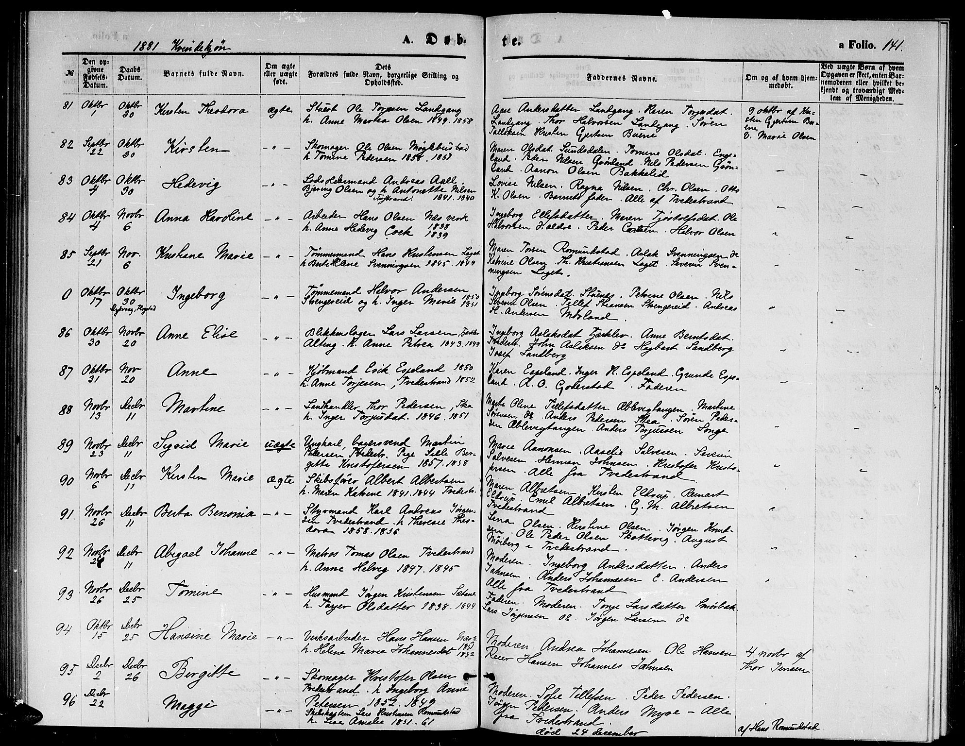 Holt sokneprestkontor, AV/SAK-1111-0021/F/Fb/L0009: Parish register (copy) no. B 9, 1871-1883, p. 141