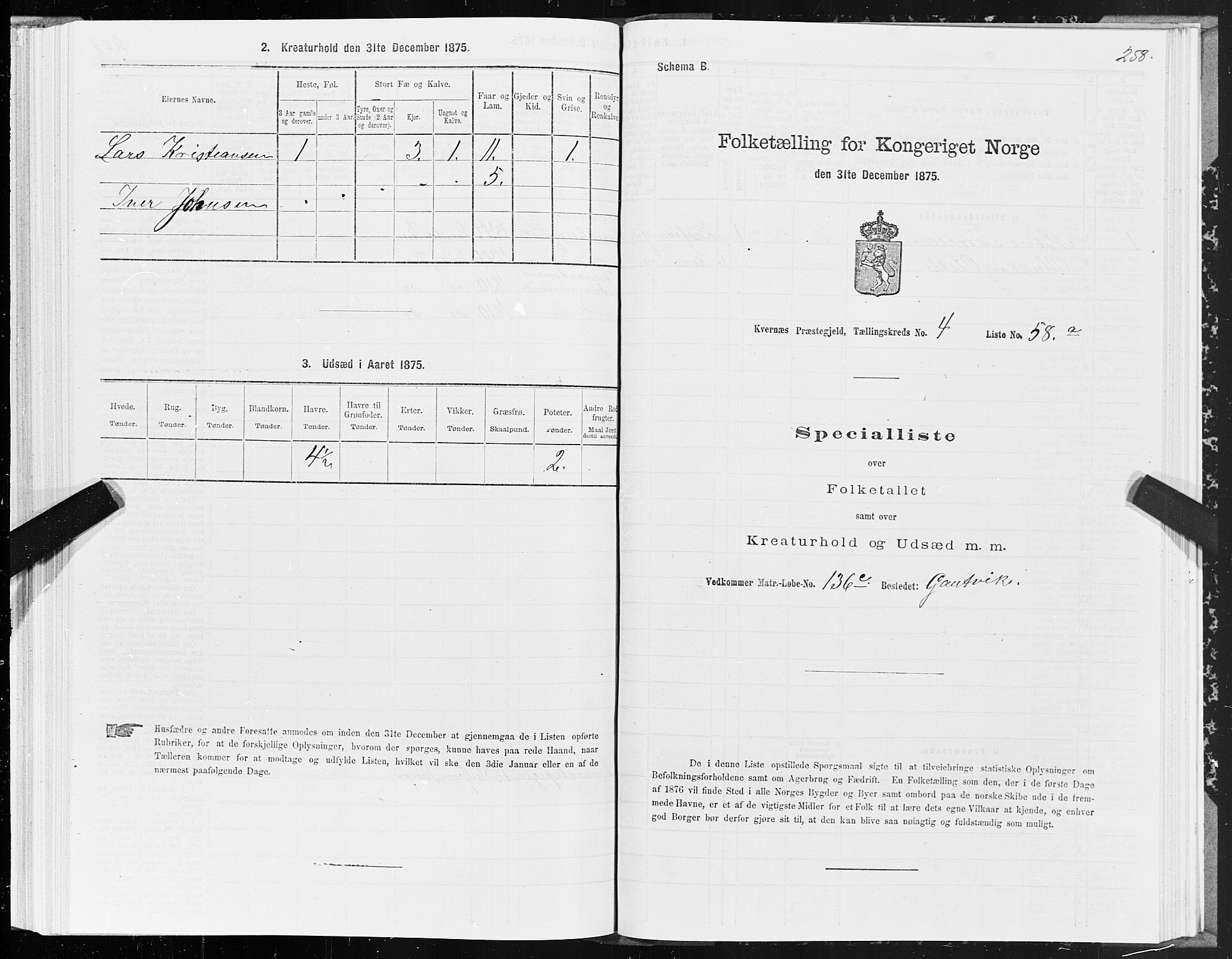 SAT, 1875 census for 1553P Kvernes, 1875, p. 2258