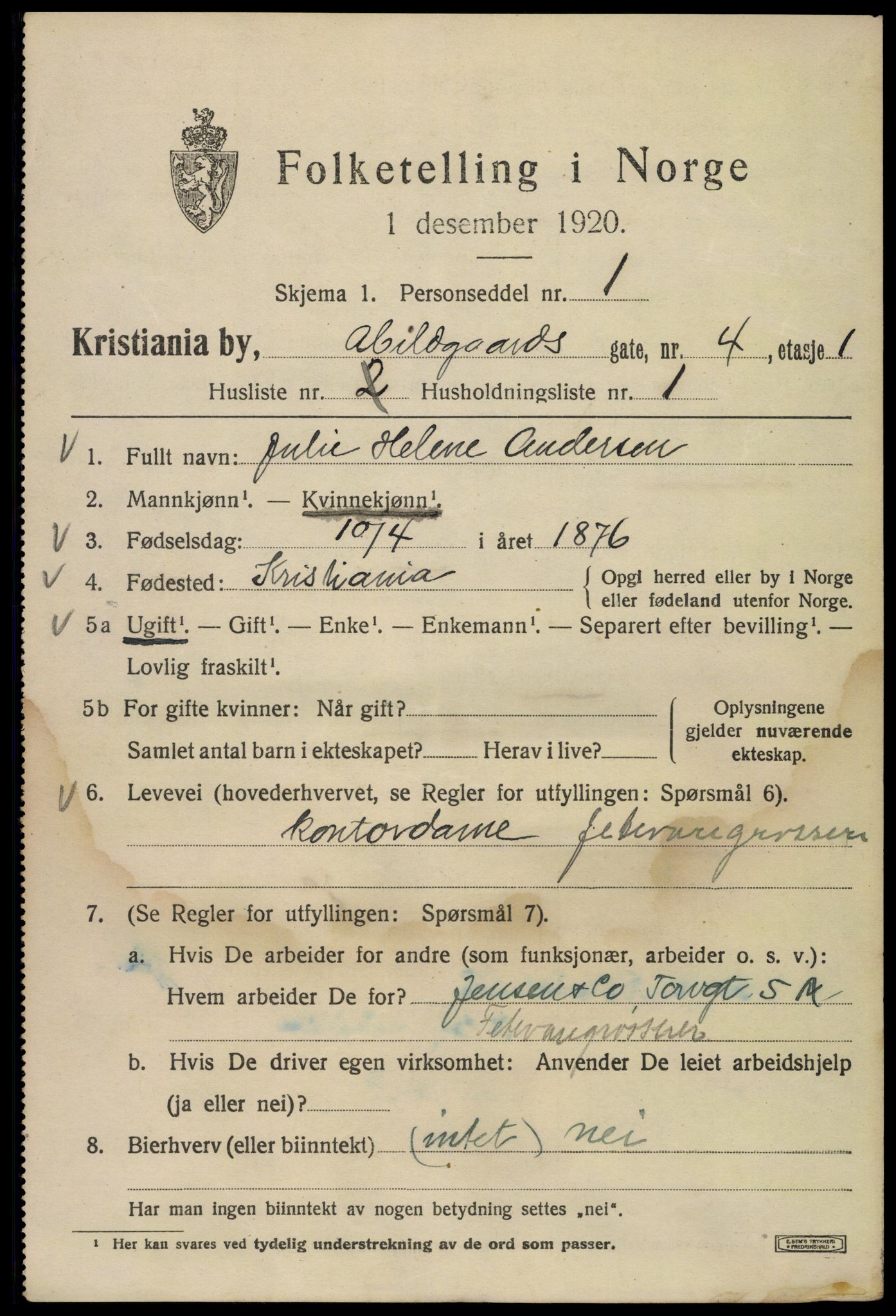 SAO, 1920 census for Kristiania, 1920, p. 137013