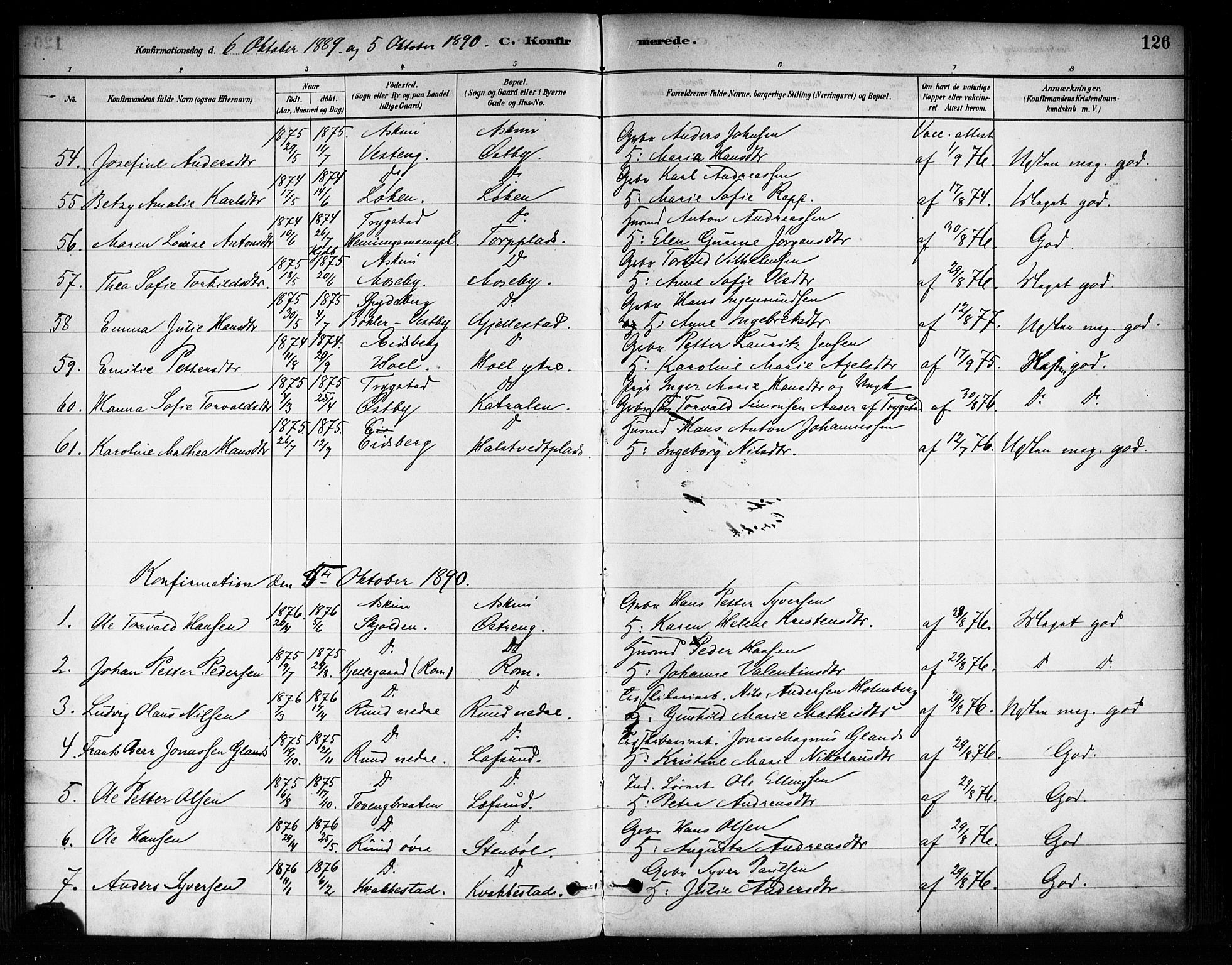 Askim prestekontor Kirkebøker, SAO/A-10900/F/Fa/L0007: Parish register (official) no. 7, 1882-1897, p. 126