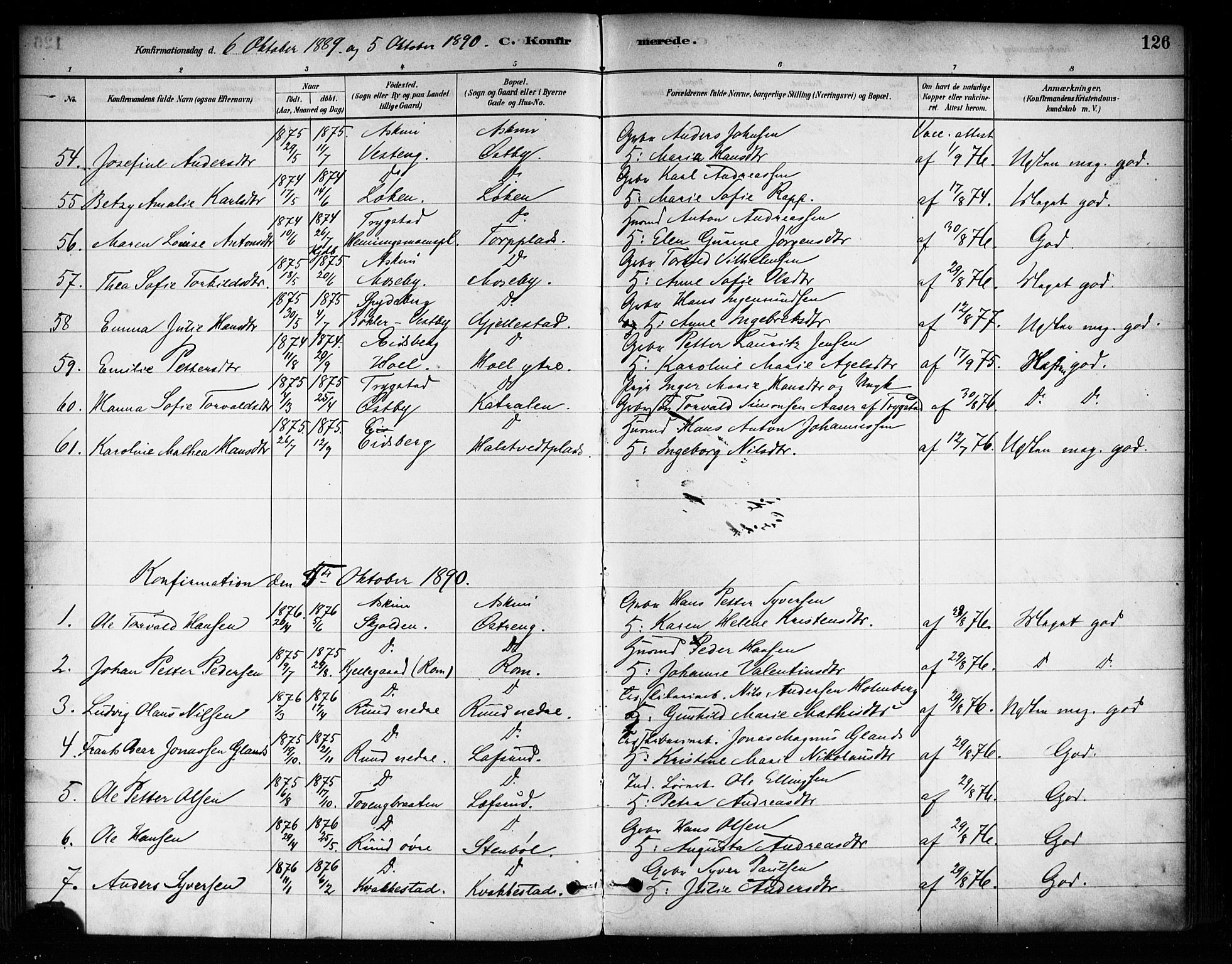 Askim prestekontor Kirkebøker, AV/SAO-A-10900/F/Fa/L0007: Parish register (official) no. 7, 1882-1897, p. 126