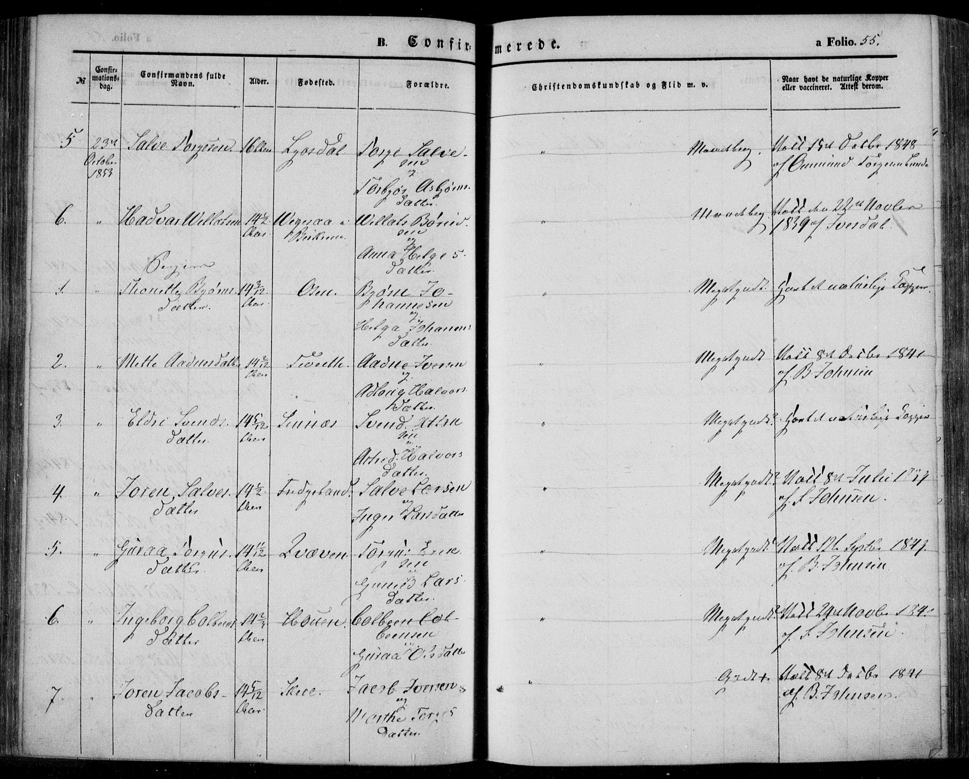 Bakke sokneprestkontor, AV/SAK-1111-0002/F/Fa/Faa/L0005: Parish register (official) no. A 5, 1847-1855, p. 55