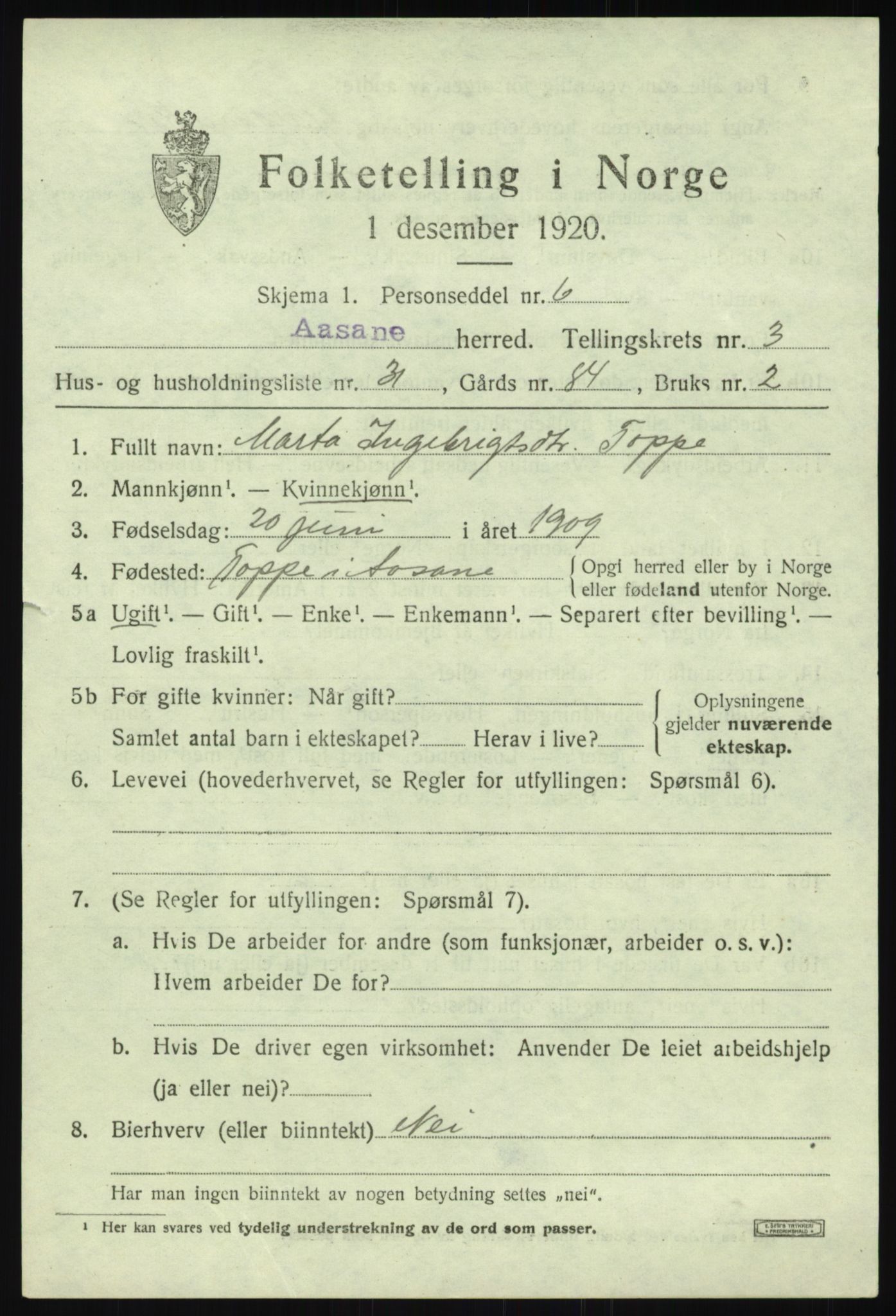 SAB, 1920 census for Åsane, 1920, p. 2437