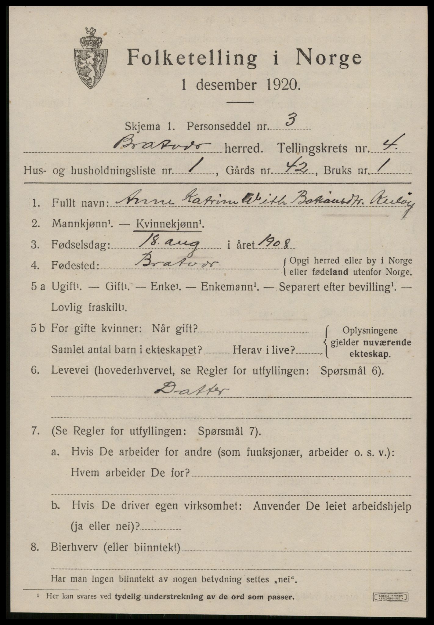 SAT, 1920 census for Brattvær, 1920, p. 1640