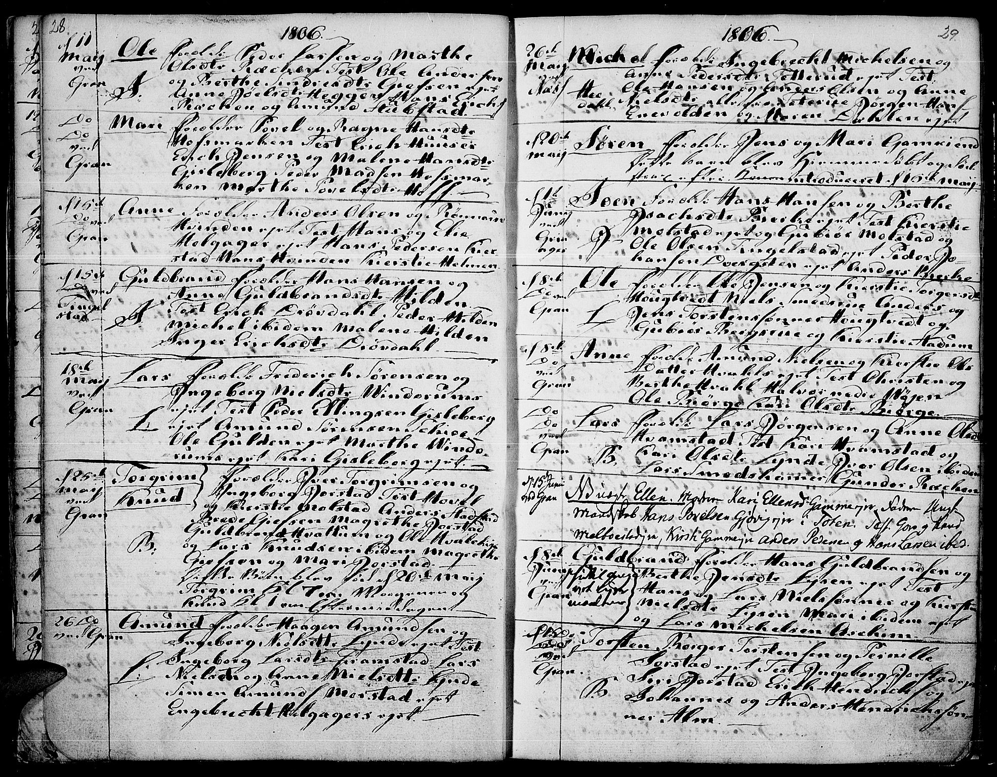 Gran prestekontor, AV/SAH-PREST-112/H/Ha/Haa/L0007: Parish register (official) no. 7, 1804-1815, p. 28-29