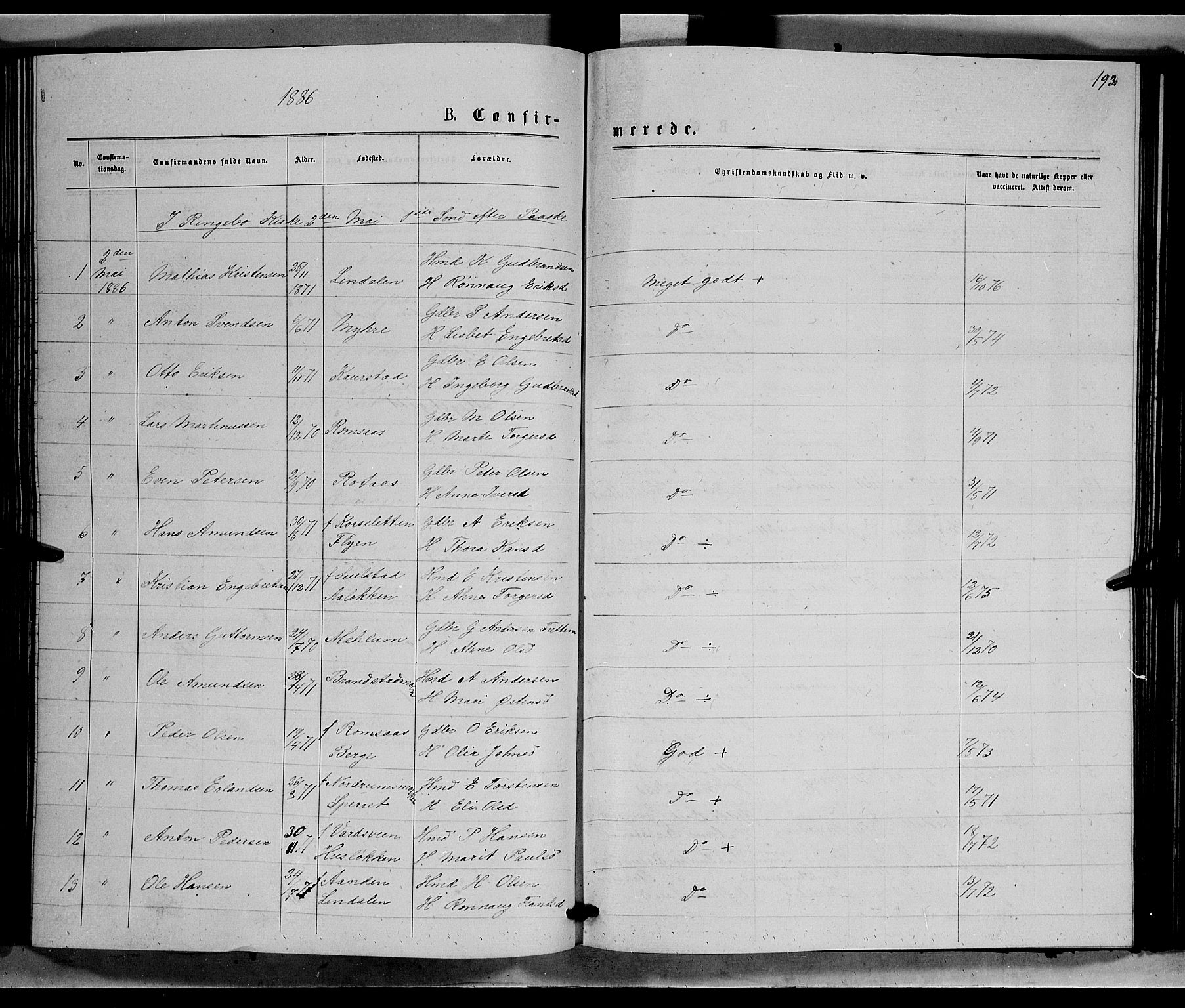Ringebu prestekontor, SAH/PREST-082/H/Ha/Hab/L0006: Parish register (copy) no. 6, 1880-1898, p. 193