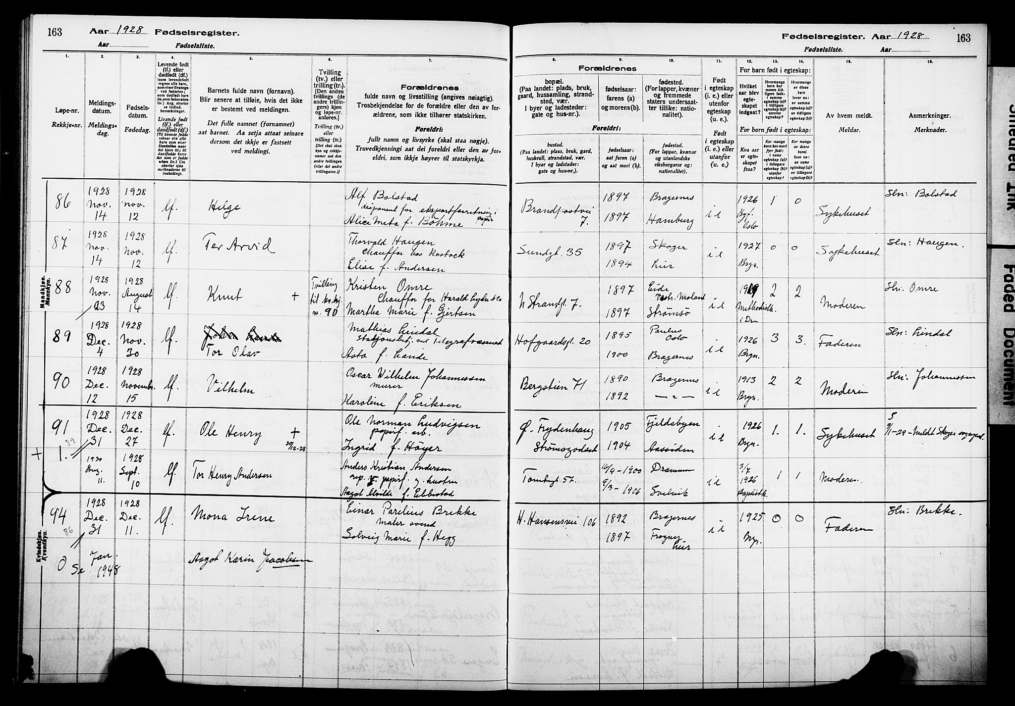 Bragernes kirkebøker, AV/SAKO-A-6/J/Ja/L0002: Birth register no. 2, 1922-1930, p. 163