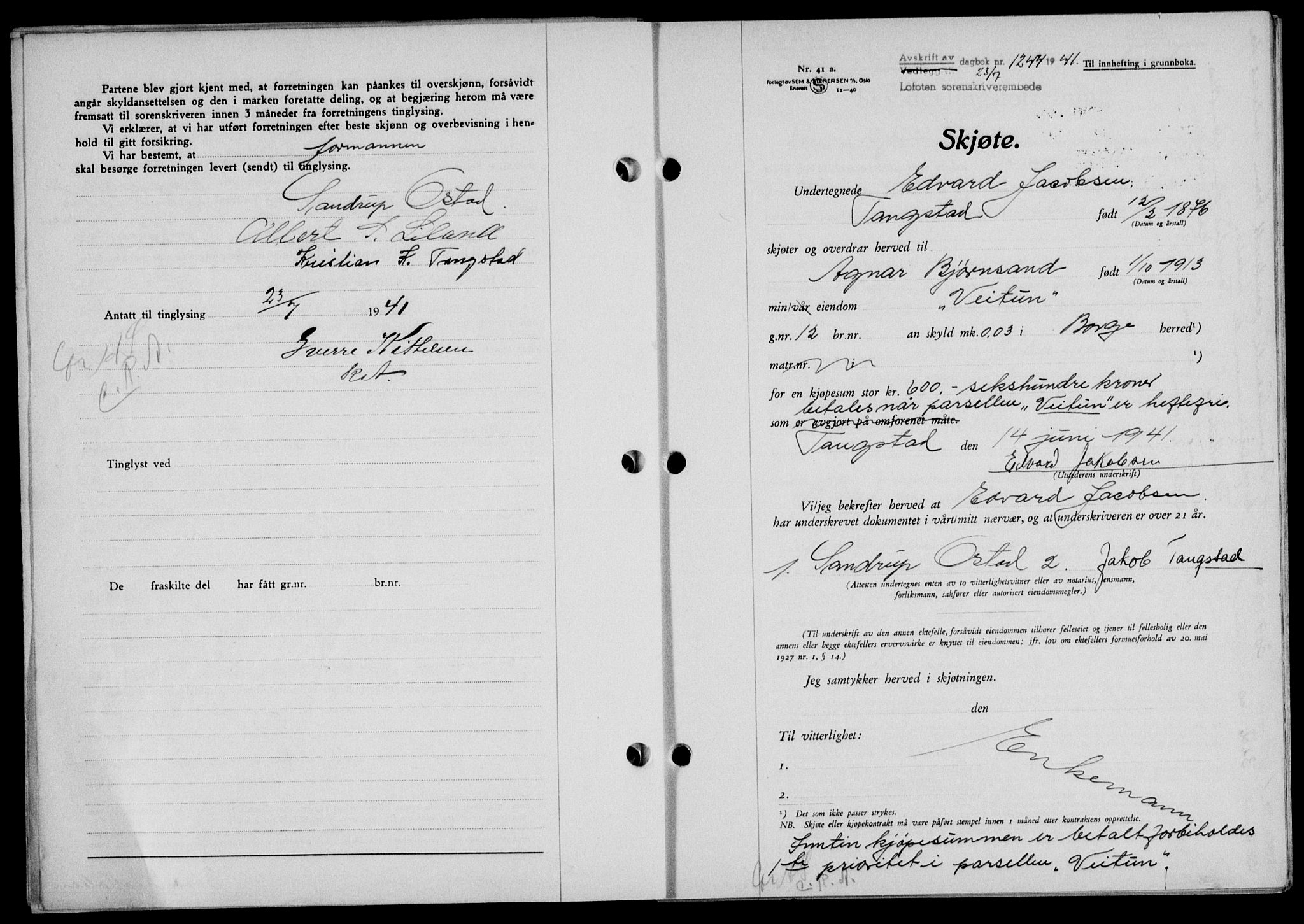 Lofoten sorenskriveri, SAT/A-0017/1/2/2C/L0008a: Mortgage book no. 8a, 1940-1941, Diary no: : 1244/1941