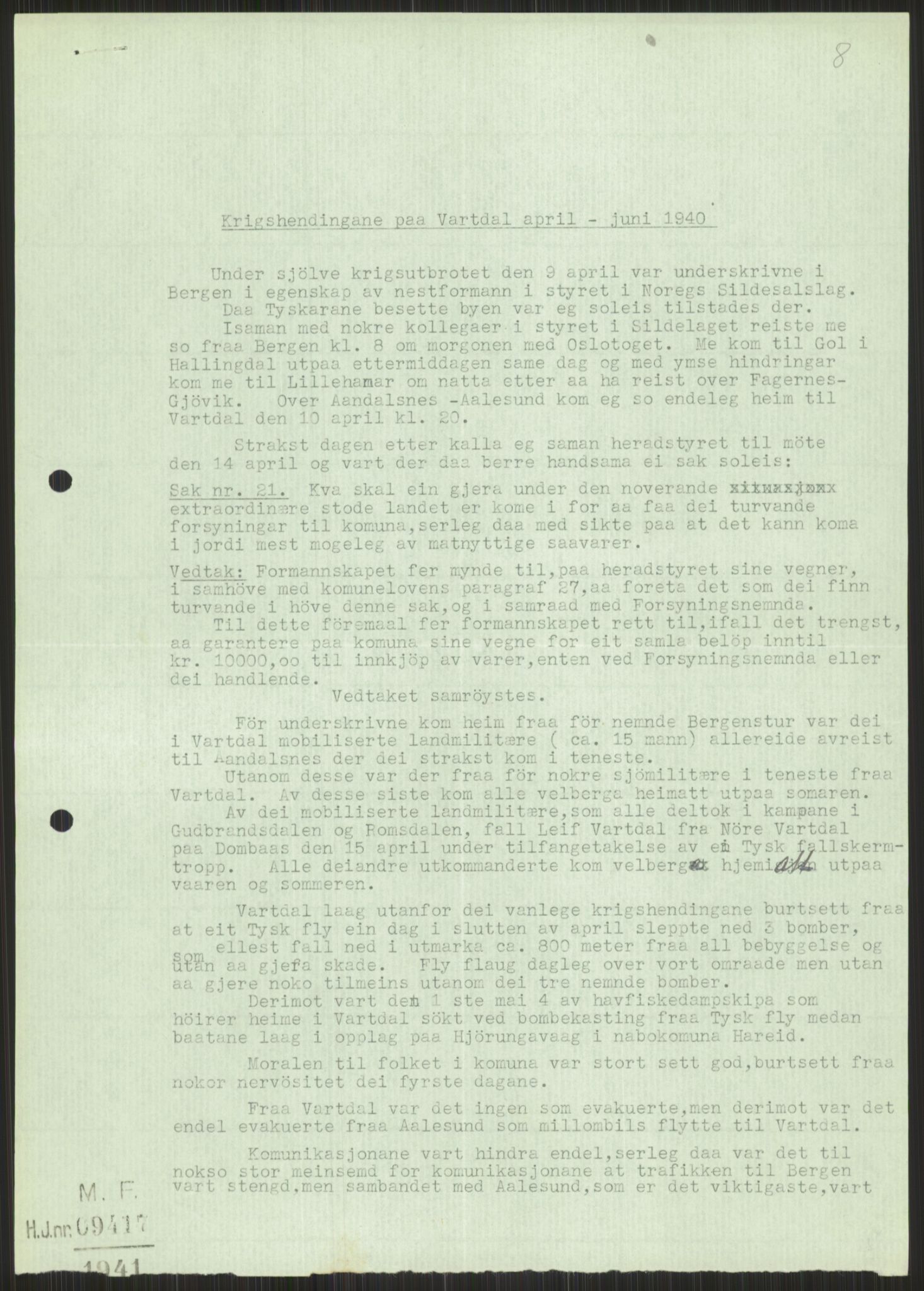 Forsvaret, Forsvarets krigshistoriske avdeling, AV/RA-RAFA-2017/Y/Ya/L0015: II-C-11-31 - Fylkesmenn.  Rapporter om krigsbegivenhetene 1940., 1940, p. 803