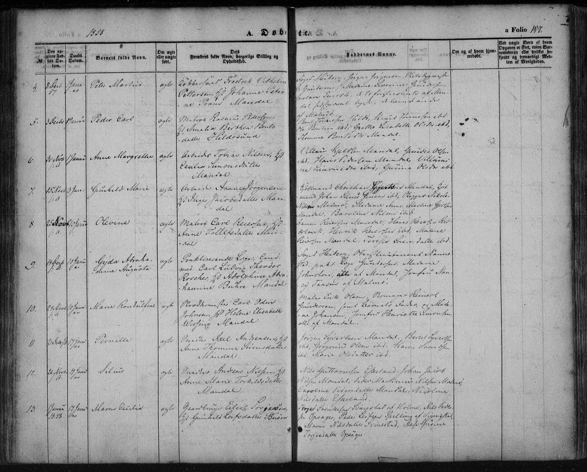 Mandal sokneprestkontor, AV/SAK-1111-0030/F/Fa/Faa/L0013: Parish register (official) no. A 13, 1847-1859, p. 157