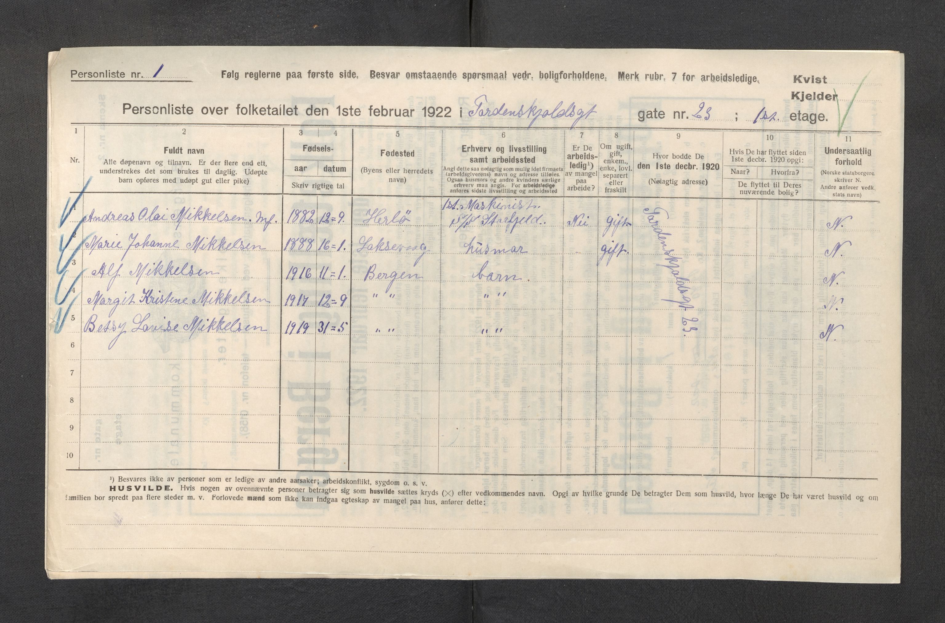 SAB, Municipal Census 1922 for Bergen, 1922, p. 44404