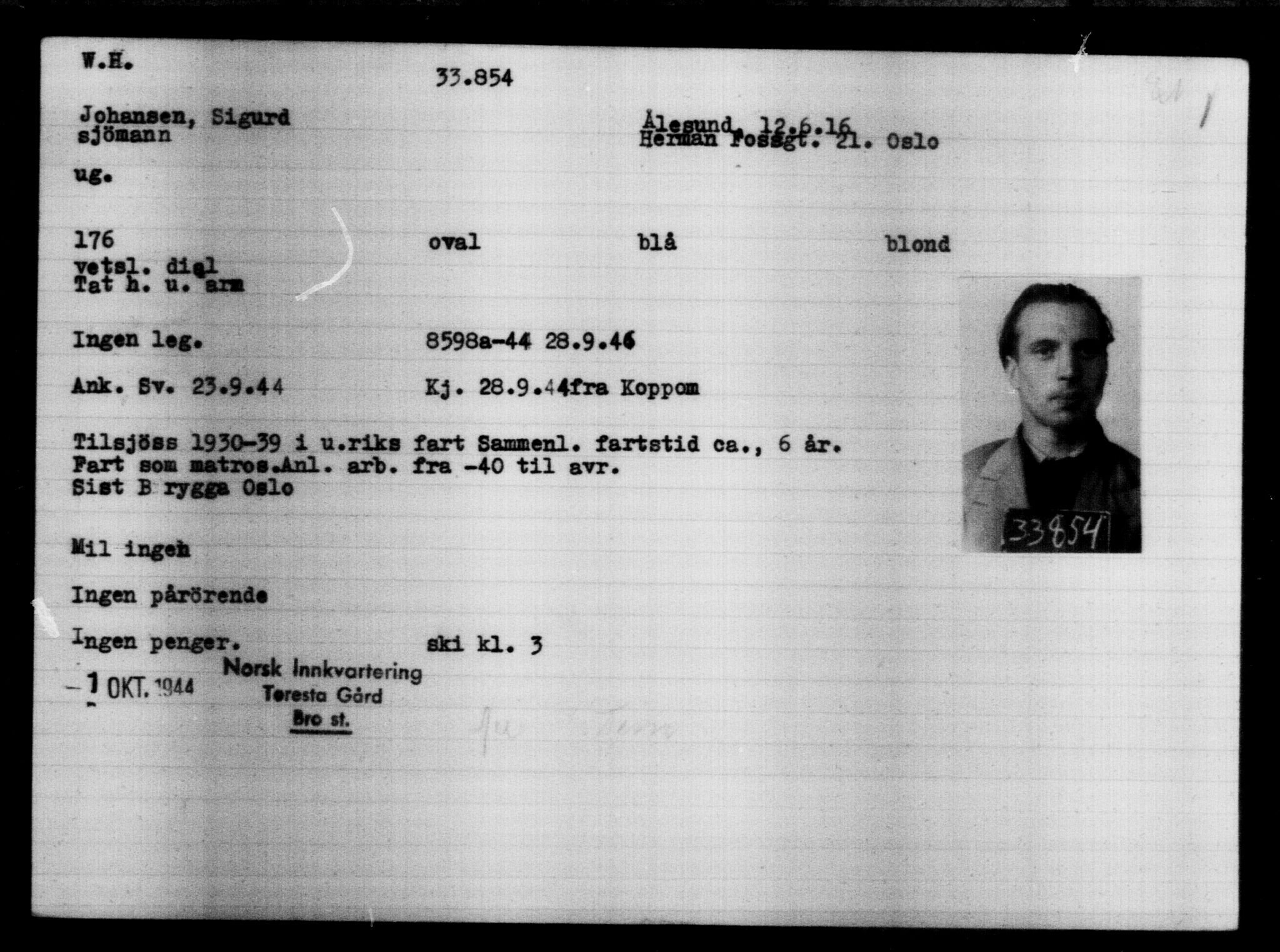 Utenriksstasjonene, Legasjonen i Stockholm, Flyktningkontoret, AV/RA-S-6753/V/Va/L0013: Kjesäterkartoteket, flyktninger med registreringsnr. 31500-34731, 1940-1945, p. 2487