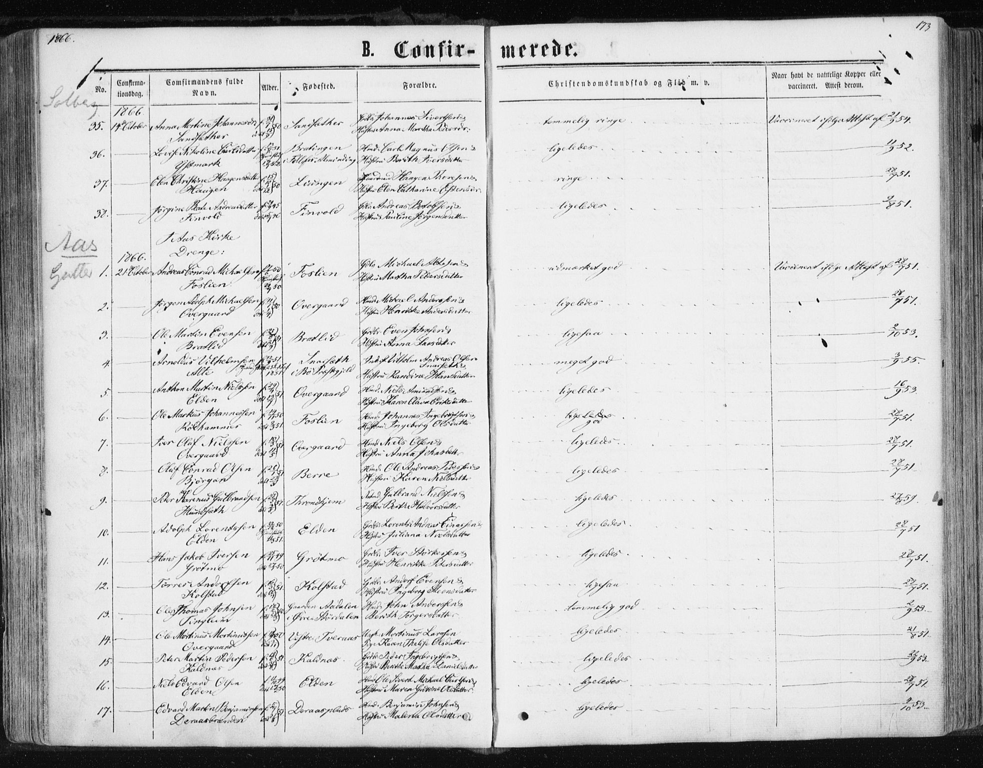 Ministerialprotokoller, klokkerbøker og fødselsregistre - Nord-Trøndelag, AV/SAT-A-1458/741/L0394: Parish register (official) no. 741A08, 1864-1877, p. 173