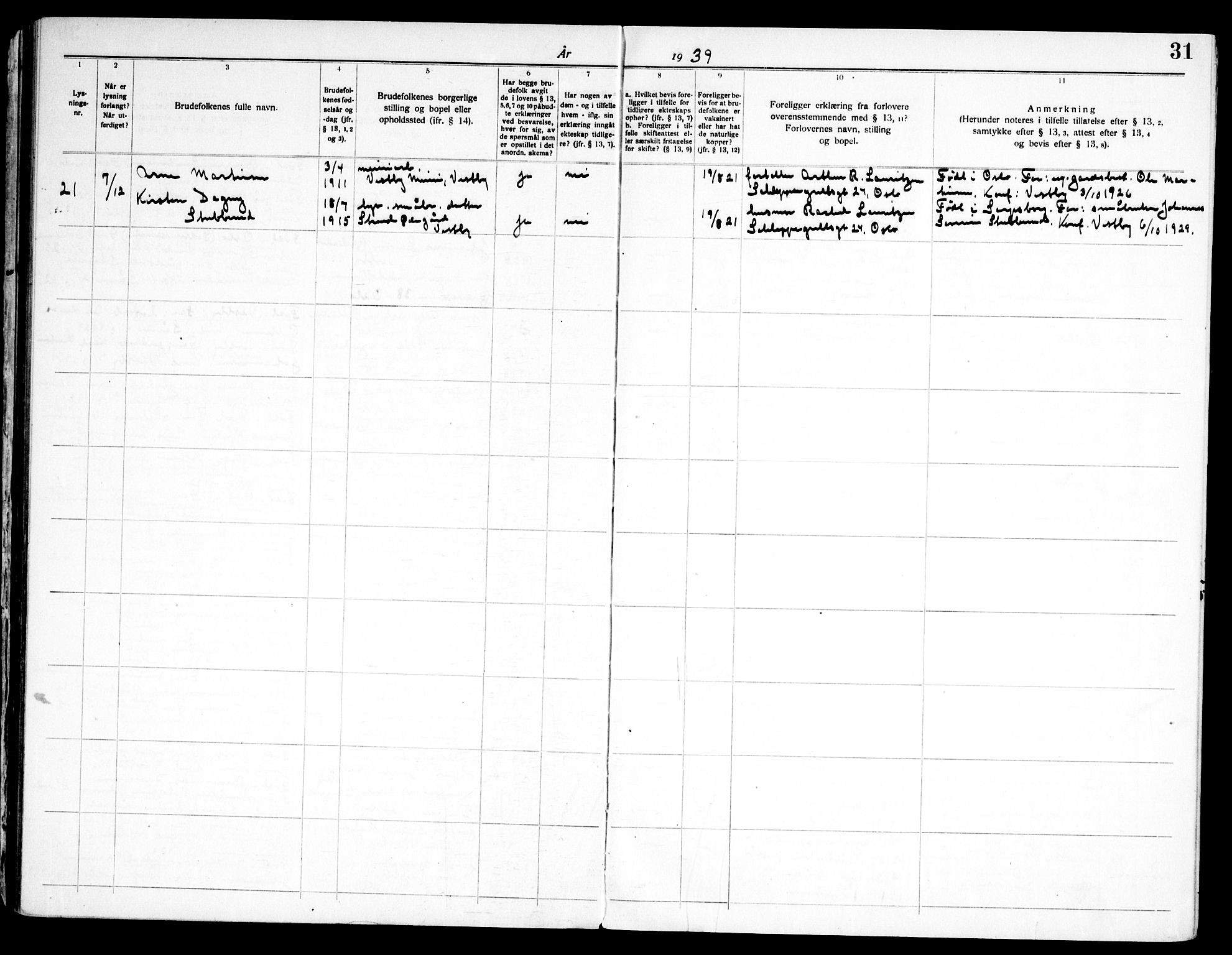 Vestby prestekontor Kirkebøker, AV/SAO-A-10893/H/Ha/L0001: Banns register no. 1, 1918-1969, p. 31