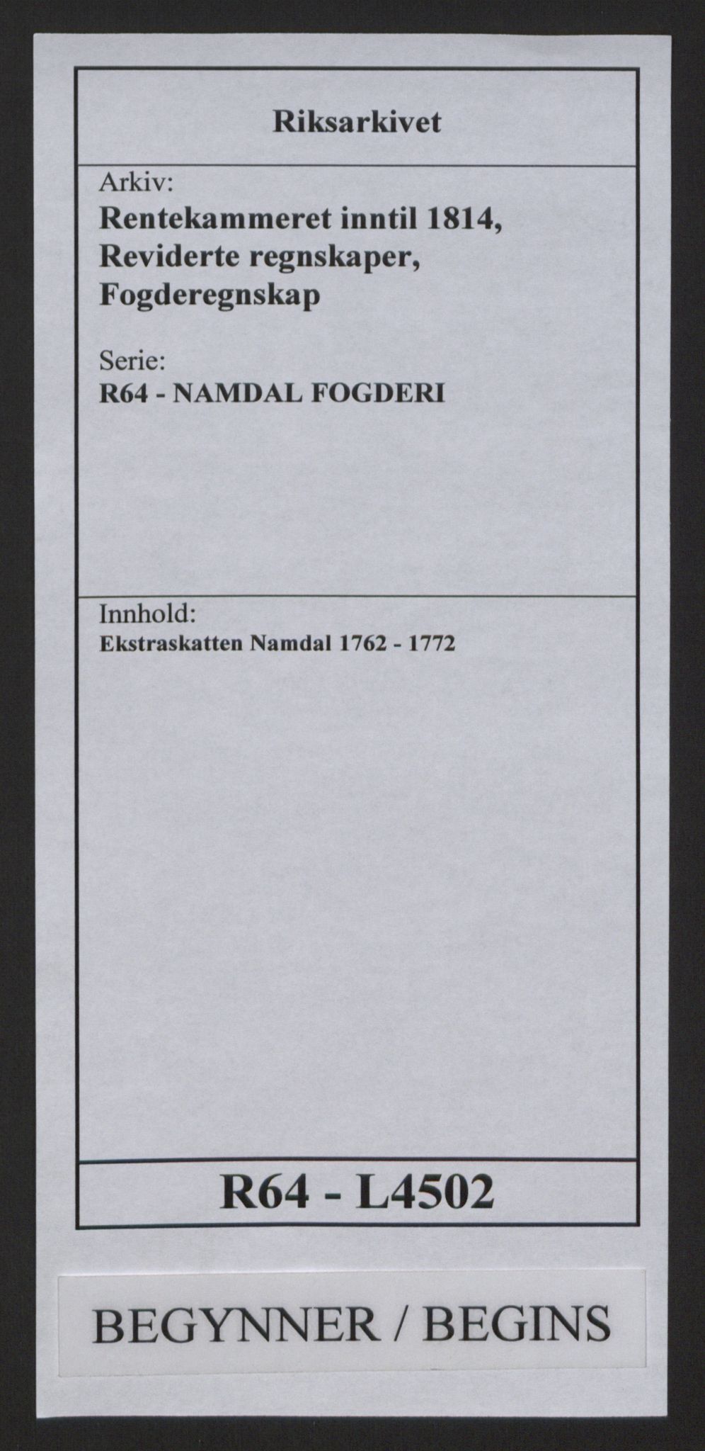 Rentekammeret inntil 1814, Reviderte regnskaper, Fogderegnskap, RA/EA-4092/R64/L4502: Ekstraskatten Namdal, 1762-1772, p. 1