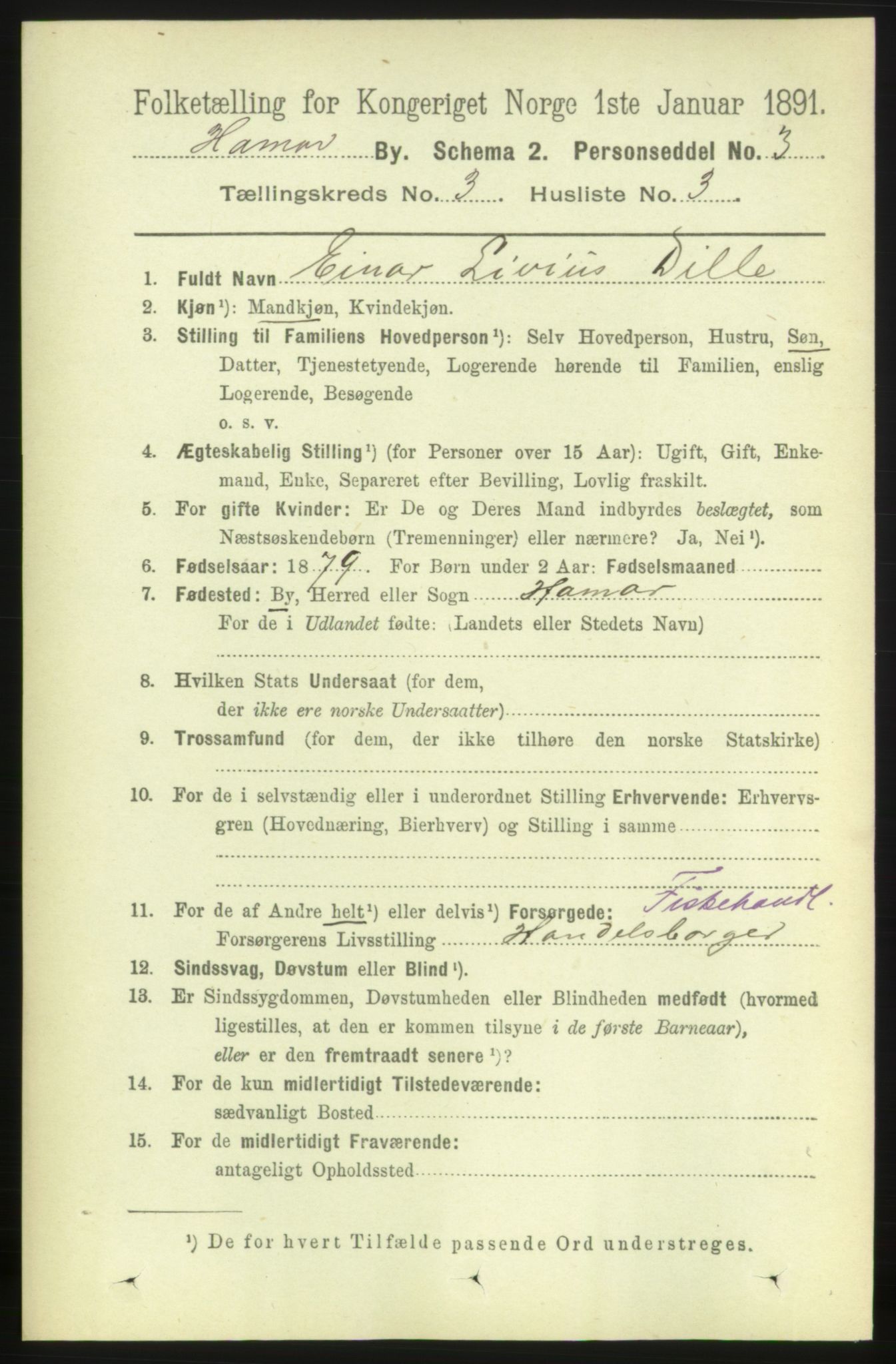 RA, 1891 census for 0401 Hamar, 1891, p. 1727