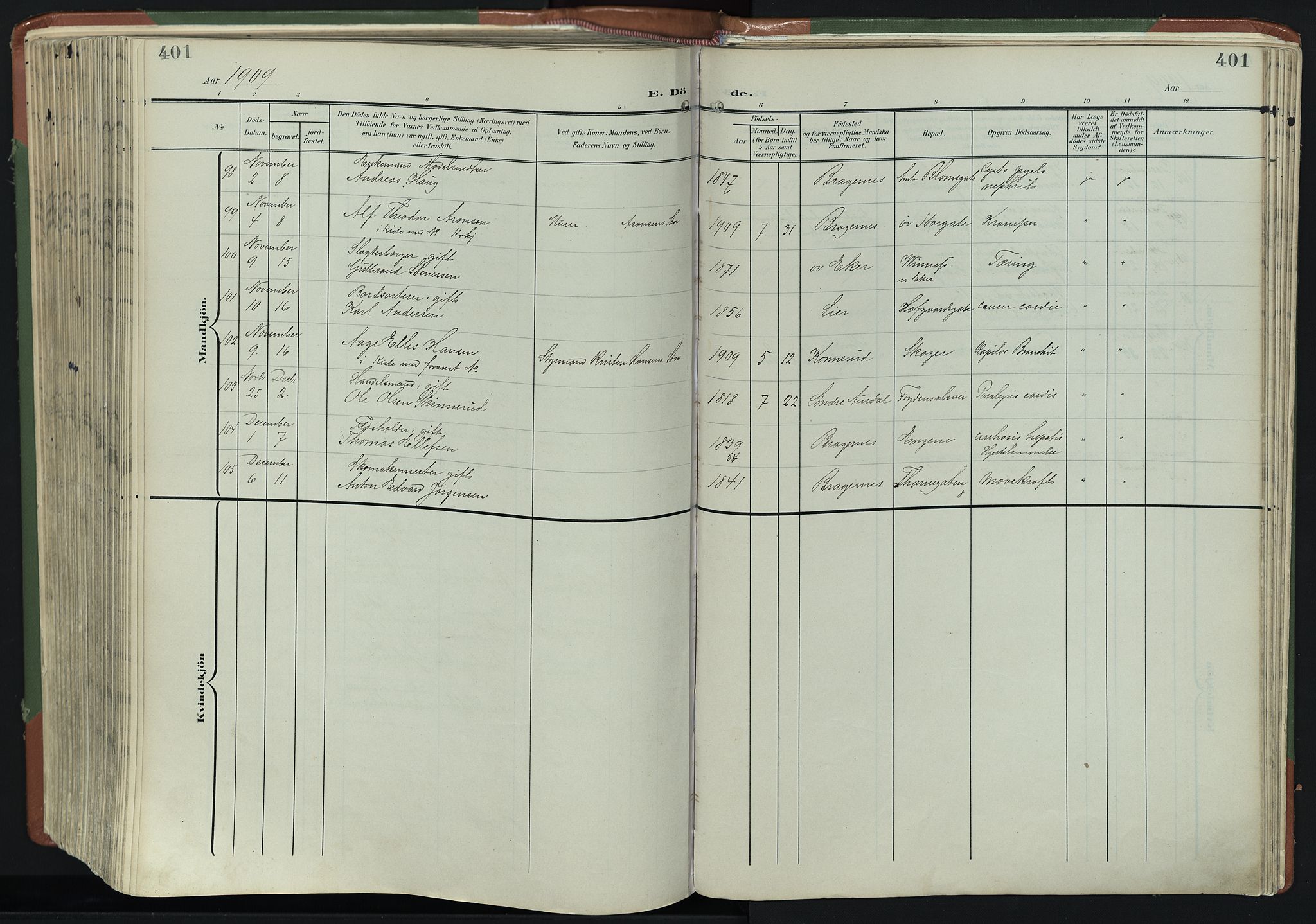 Bragernes kirkebøker, SAKO/A-6/F/Fb/L0009: Parish register (official) no. II 9, 1902-1911, p. 401