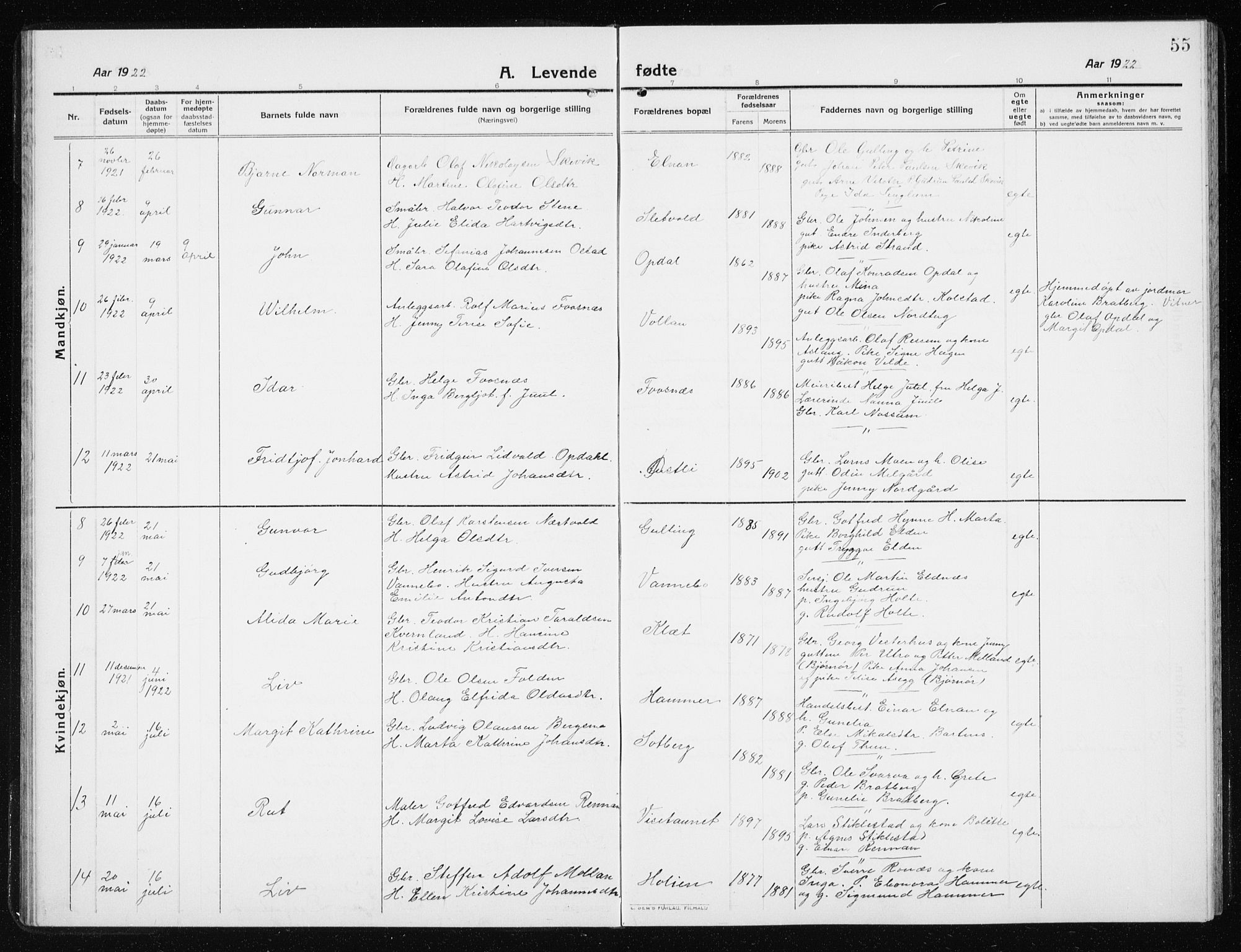 Ministerialprotokoller, klokkerbøker og fødselsregistre - Nord-Trøndelag, AV/SAT-A-1458/741/L0402: Parish register (copy) no. 741C03, 1911-1926, p. 55