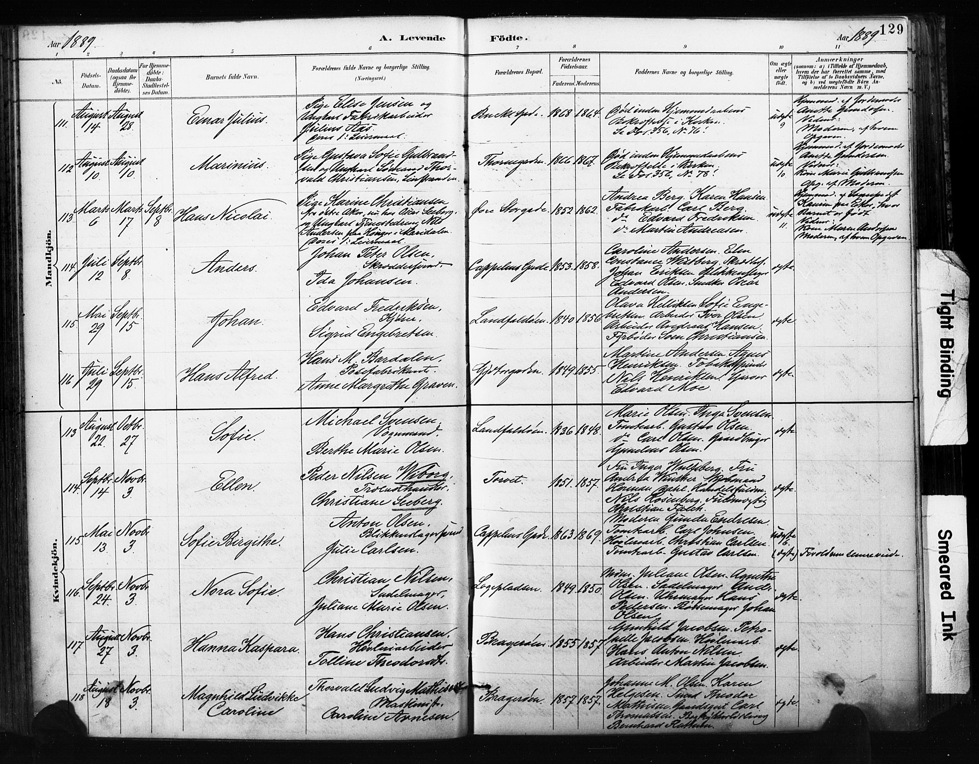 Bragernes kirkebøker, AV/SAKO-A-6/F/Fb/L0007: Parish register (official) no. II 7, 1885-1893, p. 129