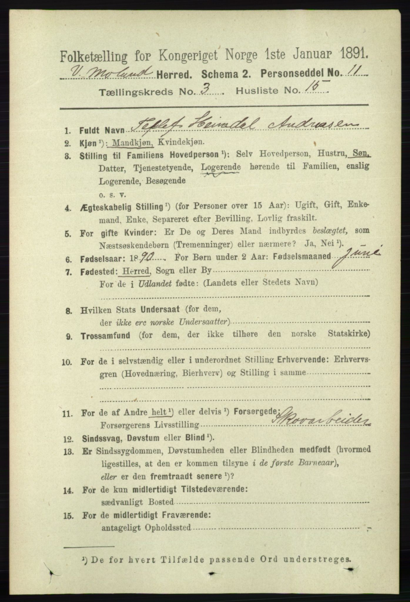 RA, 1891 census for 0926 Vestre Moland, 1891, p. 1045