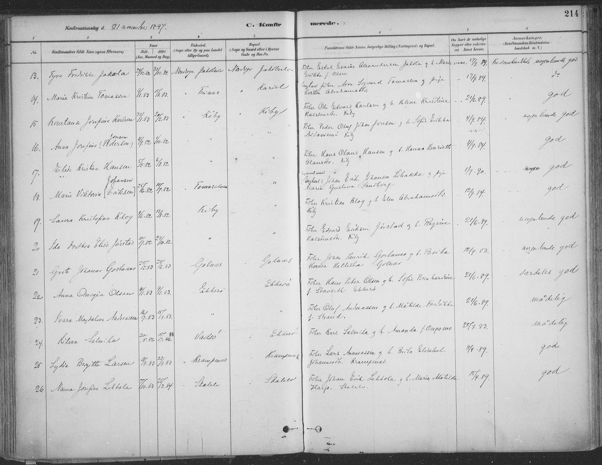 Vadsø sokneprestkontor, AV/SATØ-S-1325/H/Ha/L0009kirke: Parish register (official) no. 9, 1881-1917, p. 214
