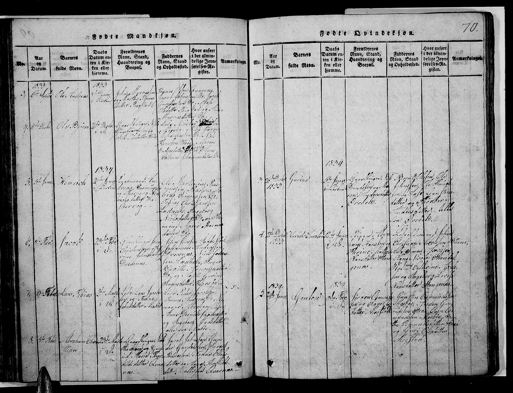 Oddernes sokneprestkontor, SAK/1111-0033/F/Fb/Fba/L0003: Parish register (copy) no. B 3, 1820-1838, p. 70