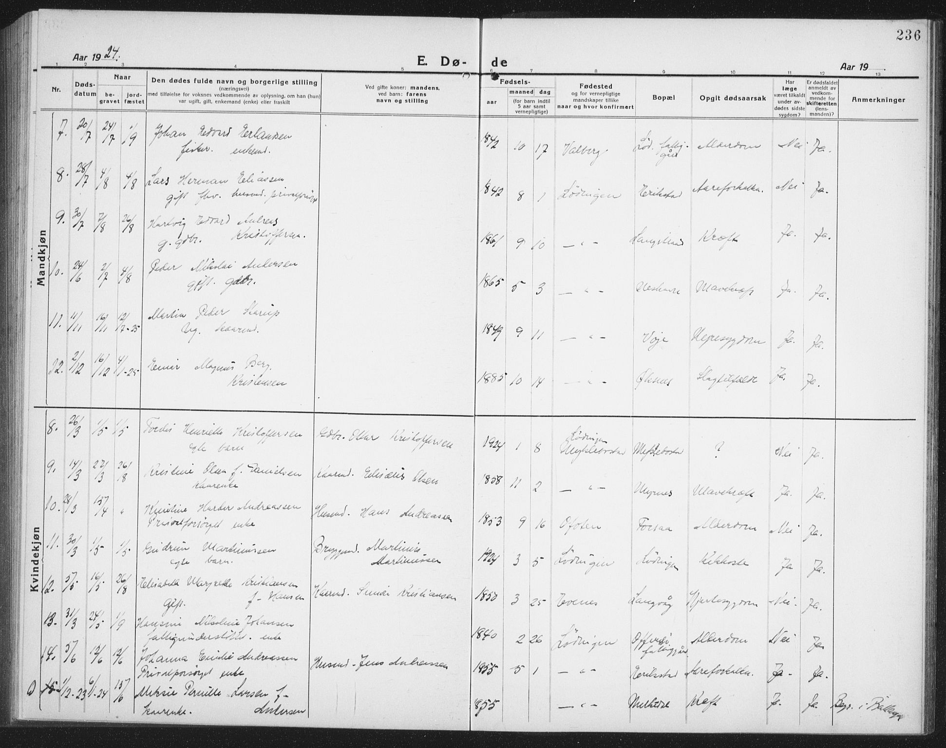 Ministerialprotokoller, klokkerbøker og fødselsregistre - Nordland, AV/SAT-A-1459/872/L1049: Parish register (copy) no. 872C05, 1920-1938, p. 236