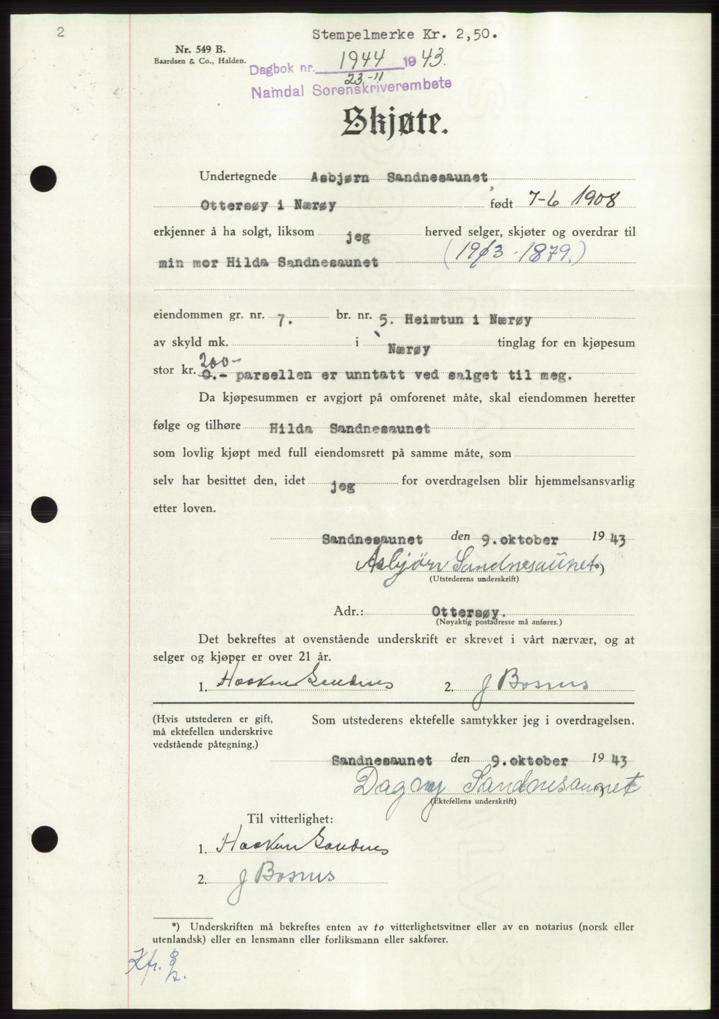 Namdal sorenskriveri, AV/SAT-A-4133/1/2/2C: Mortgage book no. -, 1943-1944, Diary no: : 1944/1943
