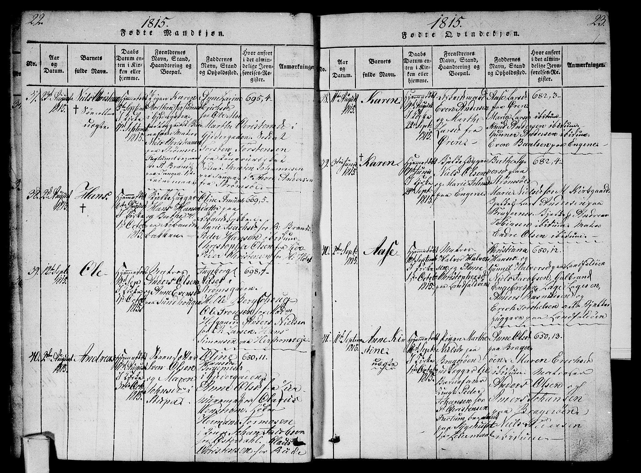 Bragernes kirkebøker, AV/SAKO-A-6/G/Ga/L0001: Parish register (copy) no. 1, 1815-1829, p. 22-23