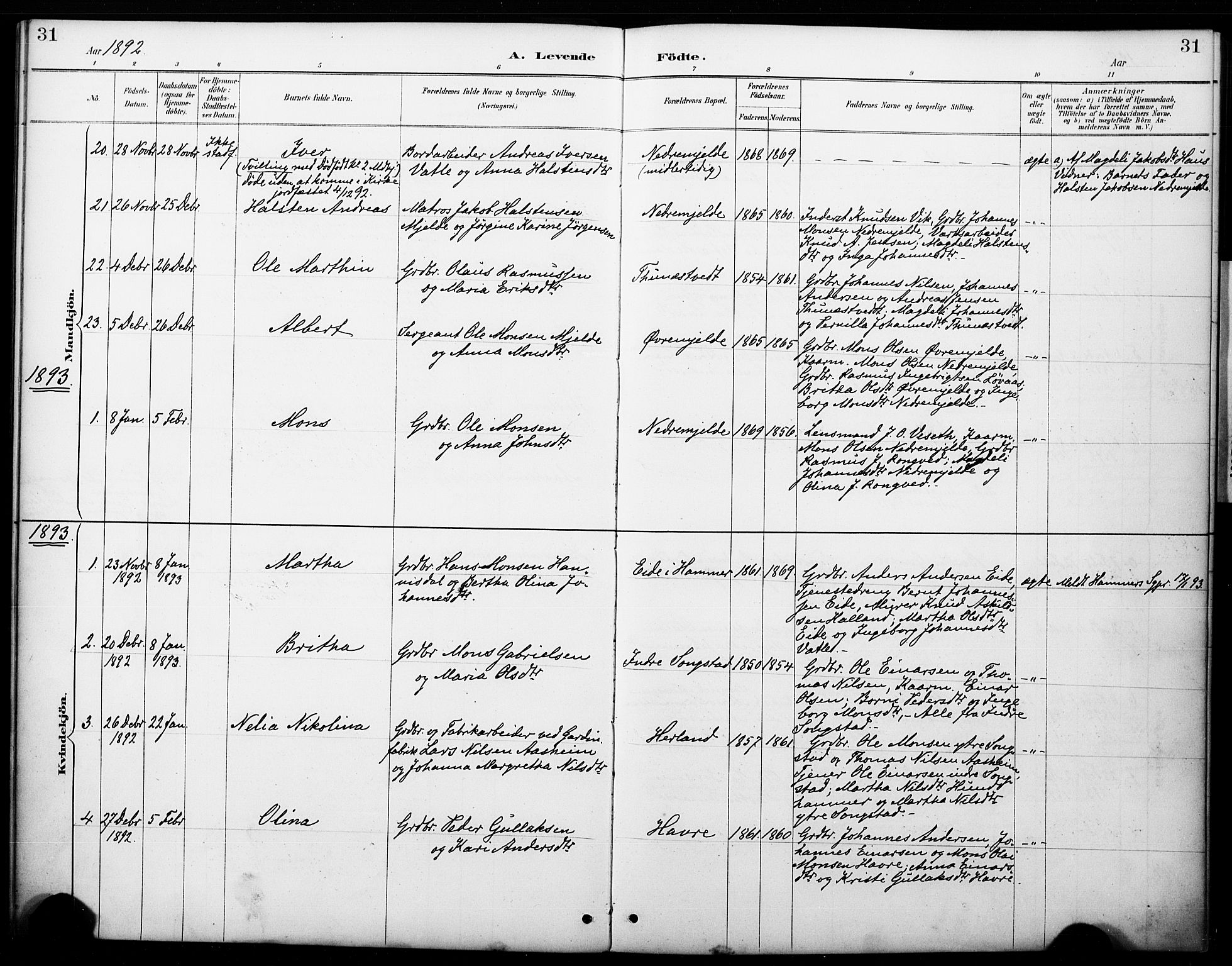 Haus sokneprestembete, AV/SAB-A-75601/H/Haa: Parish register (official) no. B 1, 1887-1898, p. 31