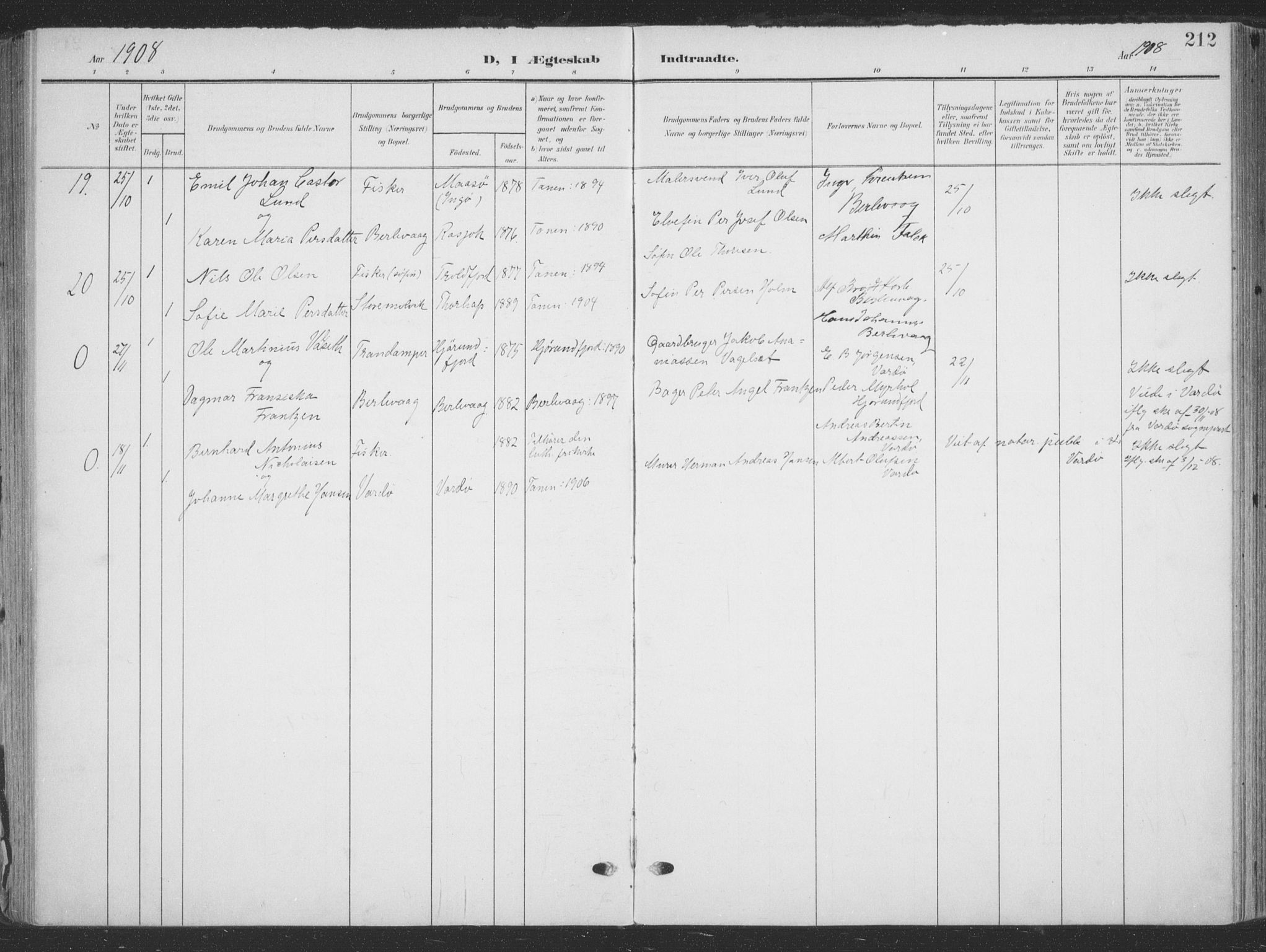 Tana sokneprestkontor, AV/SATØ-S-1334/H/Ha/L0007kirke: Parish register (official) no. 7, 1904-1918, p. 212