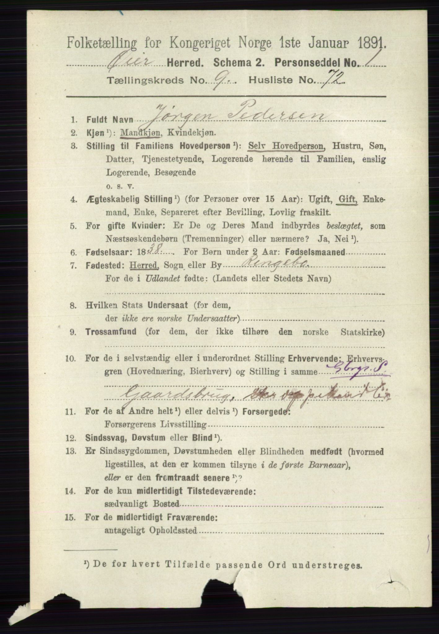 RA, 1891 census for 0521 Øyer, 1891, p. 3489