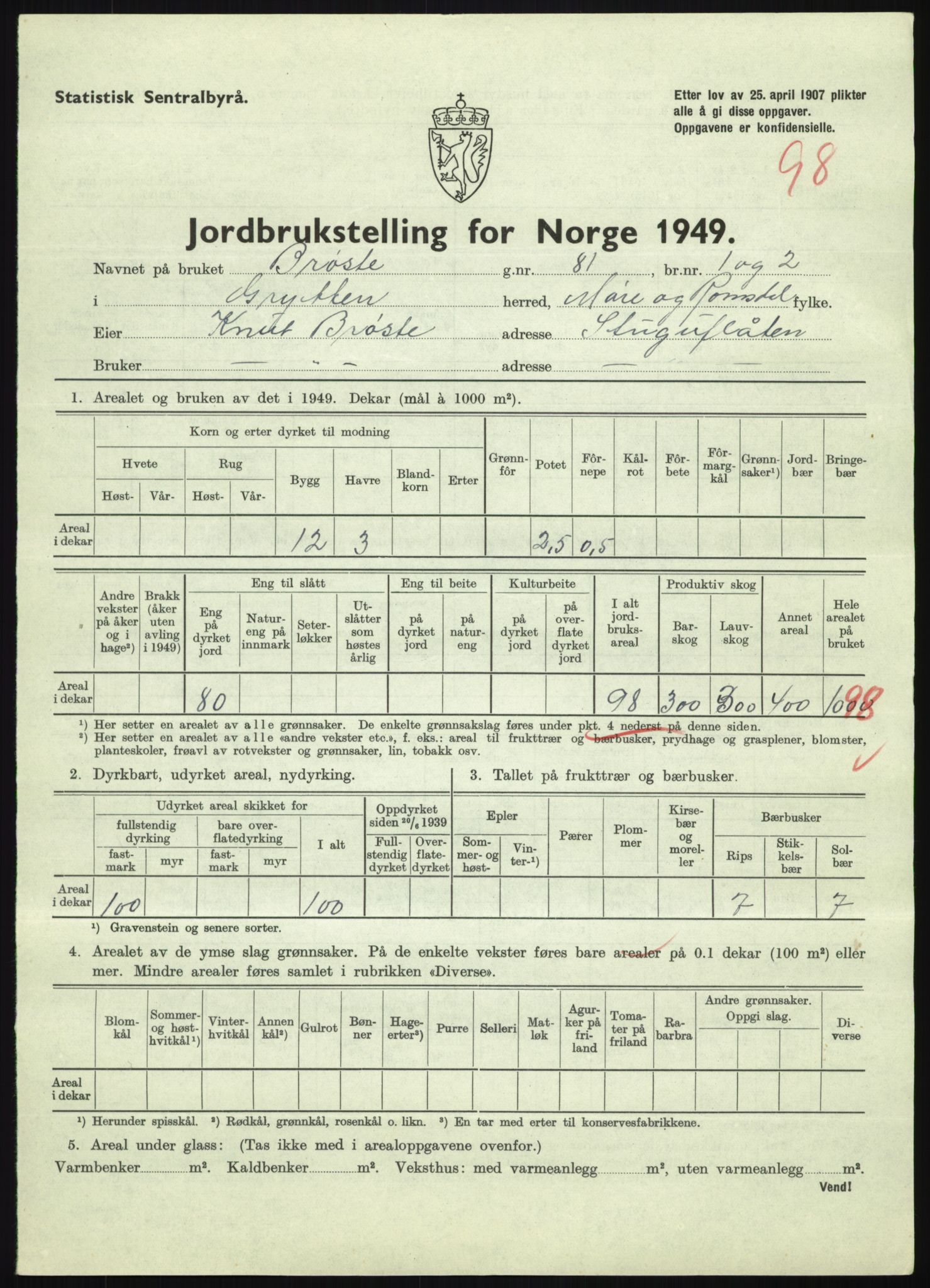 Statistisk sentralbyrå, Næringsøkonomiske emner, Jordbruk, skogbruk, jakt, fiske og fangst, AV/RA-S-2234/G/Gc/L0323: Møre og Romsdal: Grytten og Hen, 1949, p. 339