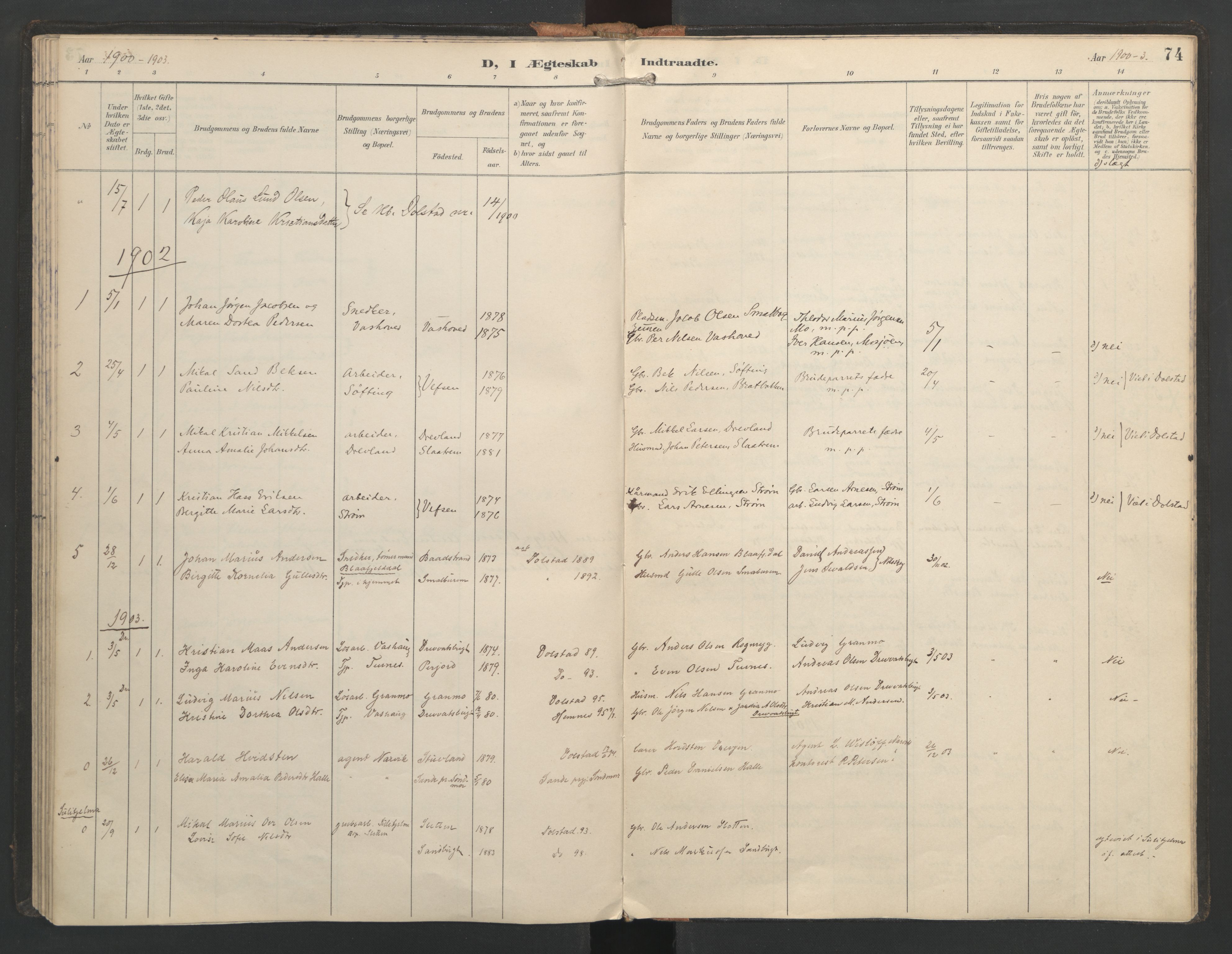 Ministerialprotokoller, klokkerbøker og fødselsregistre - Nordland, SAT/A-1459/821/L0317: Parish register (official) no. 821A01, 1892-1907, p. 74