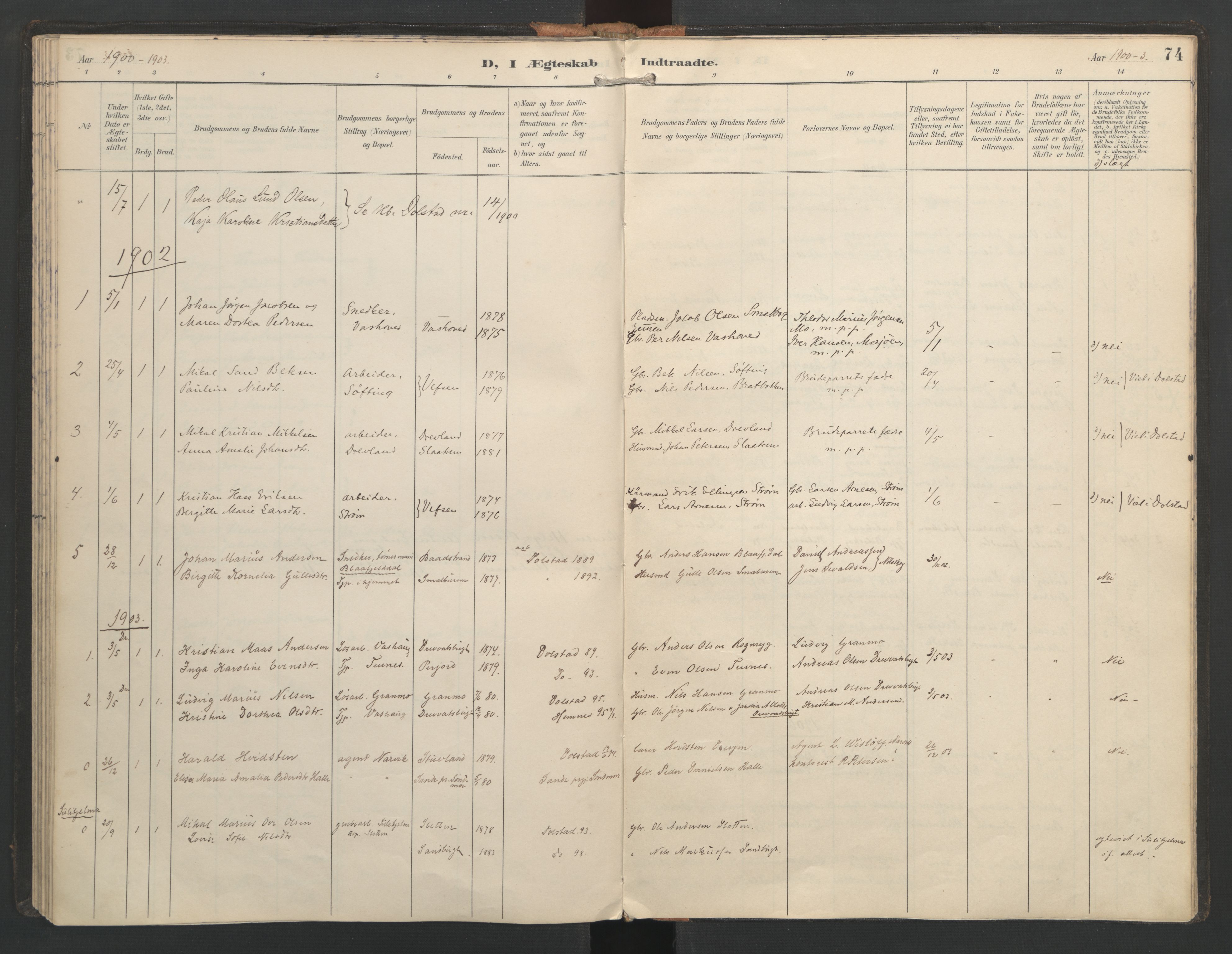 Ministerialprotokoller, klokkerbøker og fødselsregistre - Nordland, AV/SAT-A-1459/821/L0317: Parish register (official) no. 821A01, 1892-1907, p. 74