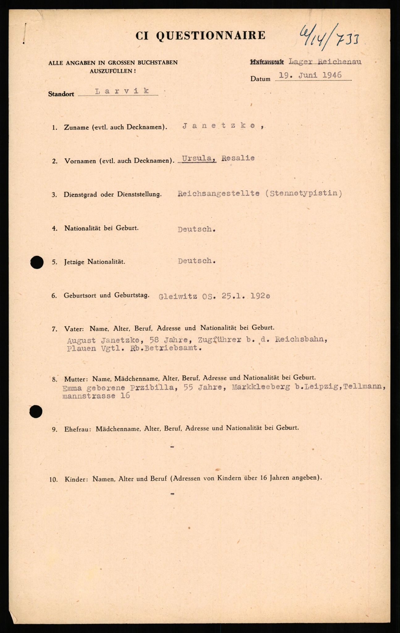 Forsvaret, Forsvarets overkommando II, RA/RAFA-3915/D/Db/L0014: CI Questionaires. Tyske okkupasjonsstyrker i Norge. Tyskere., 1945-1946, p. 491