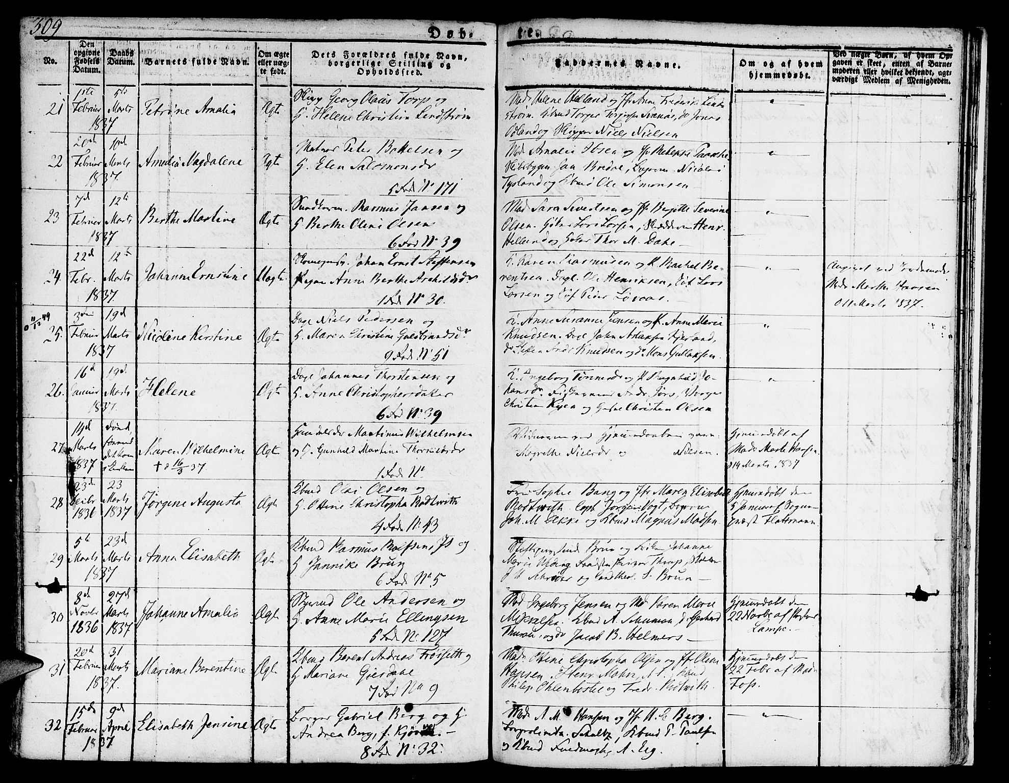 Nykirken Sokneprestembete, SAB/A-77101/H/Hab: Parish register (copy) no. A 5I, 1821-1841, p. 309