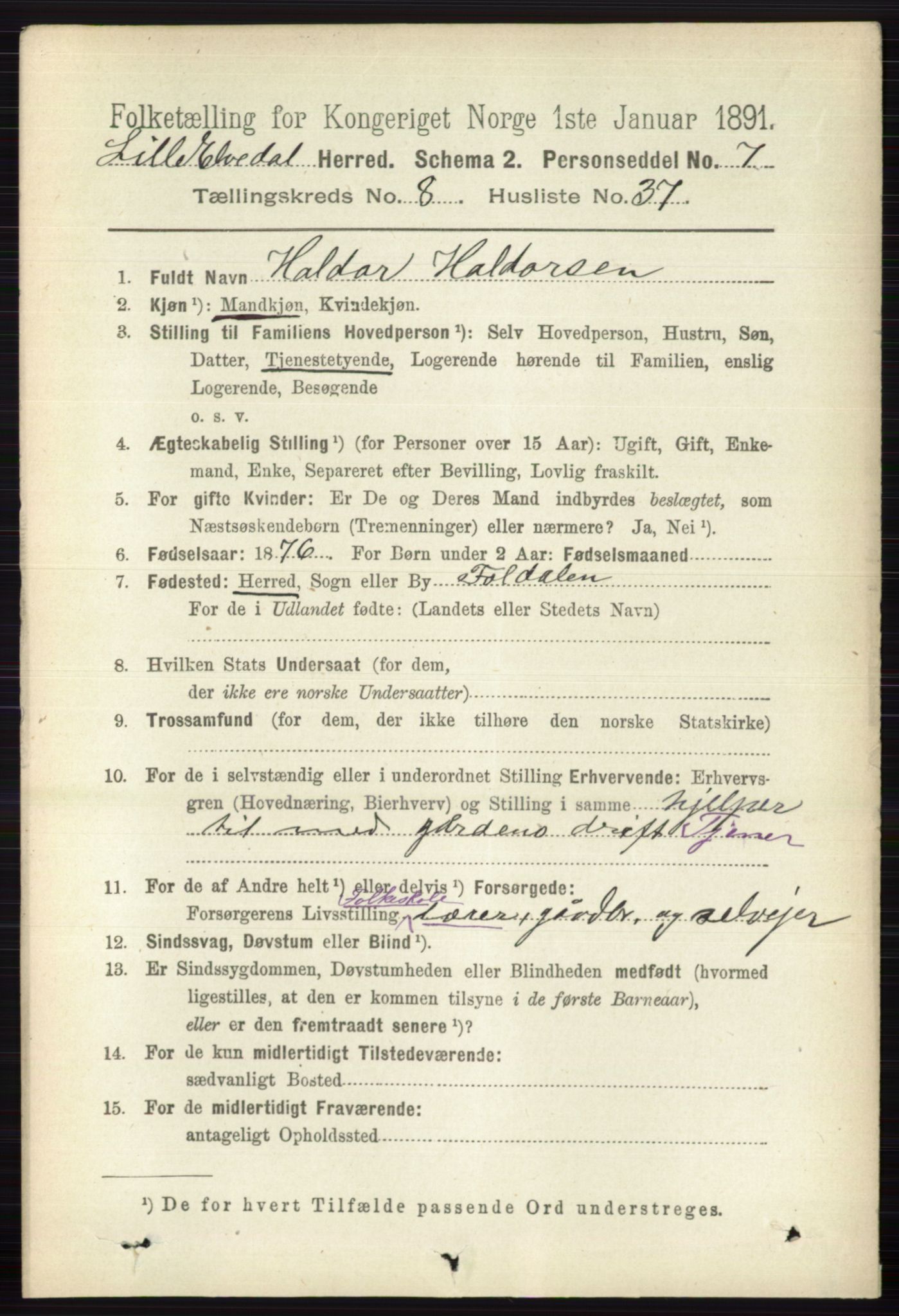 RA, 1891 census for 0438 Lille Elvedalen, 1891, p. 2696