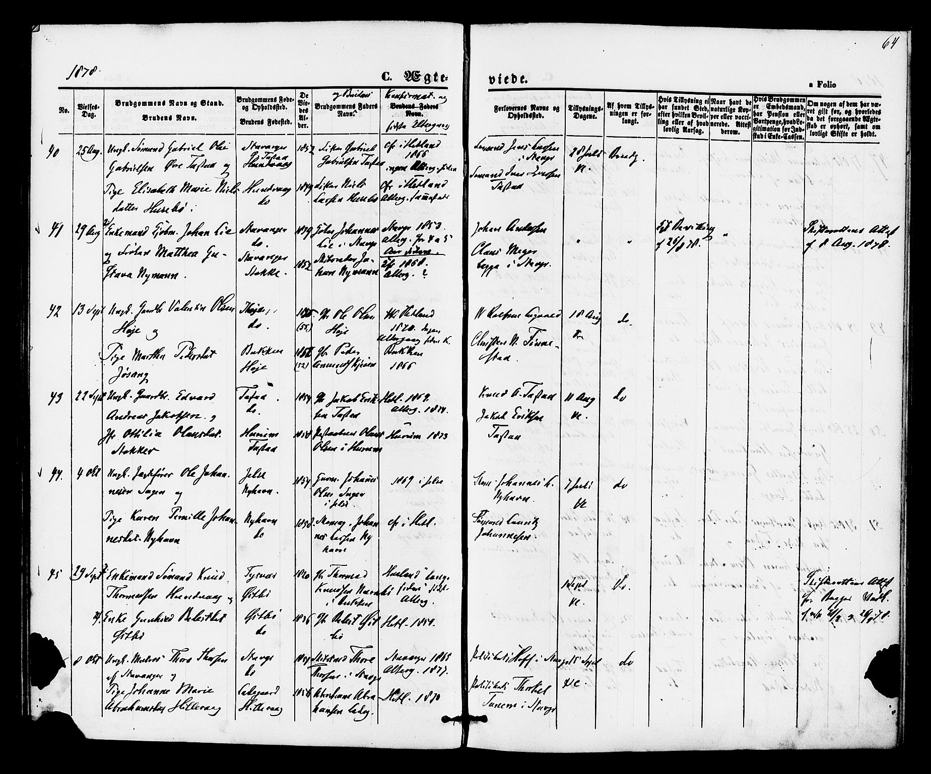 Hetland sokneprestkontor, AV/SAST-A-101826/30/30BA/L0005: Parish register (official) no. A 5, 1869-1884, p. 64